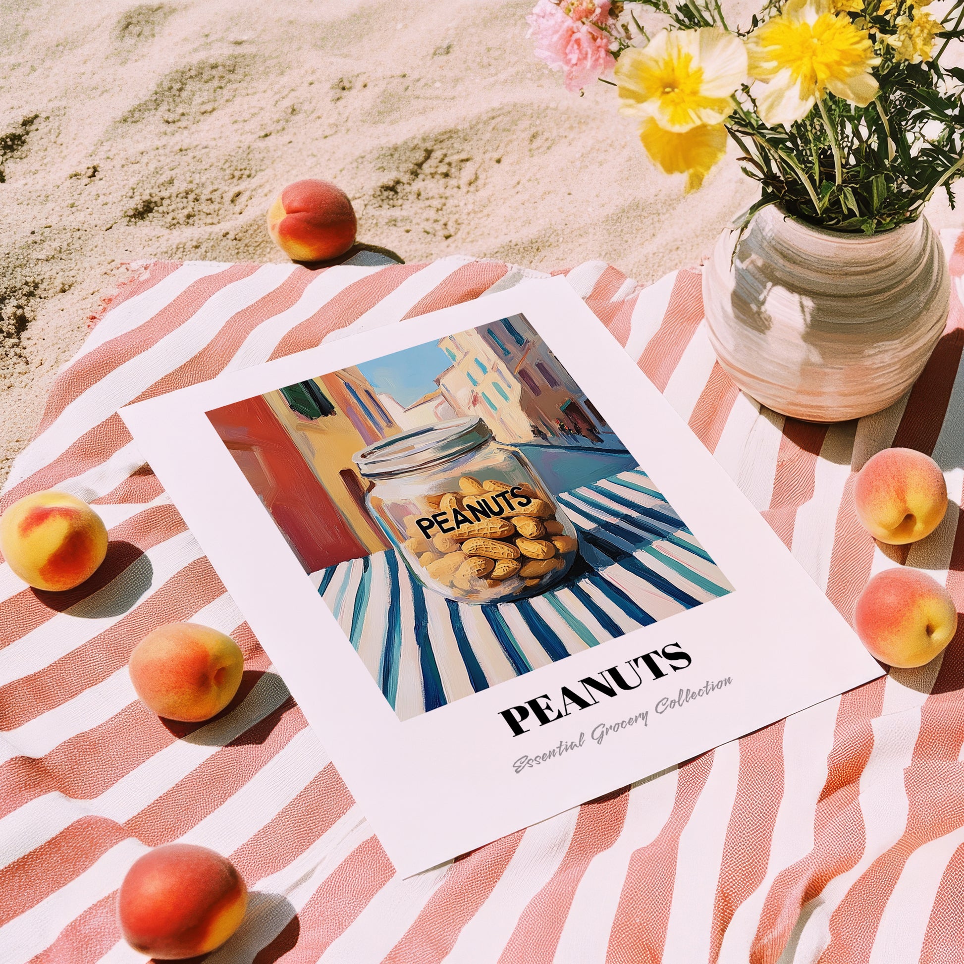 Peanuts – Italian Café on the Corner, Nuts Illustration, unframed on coastal sand