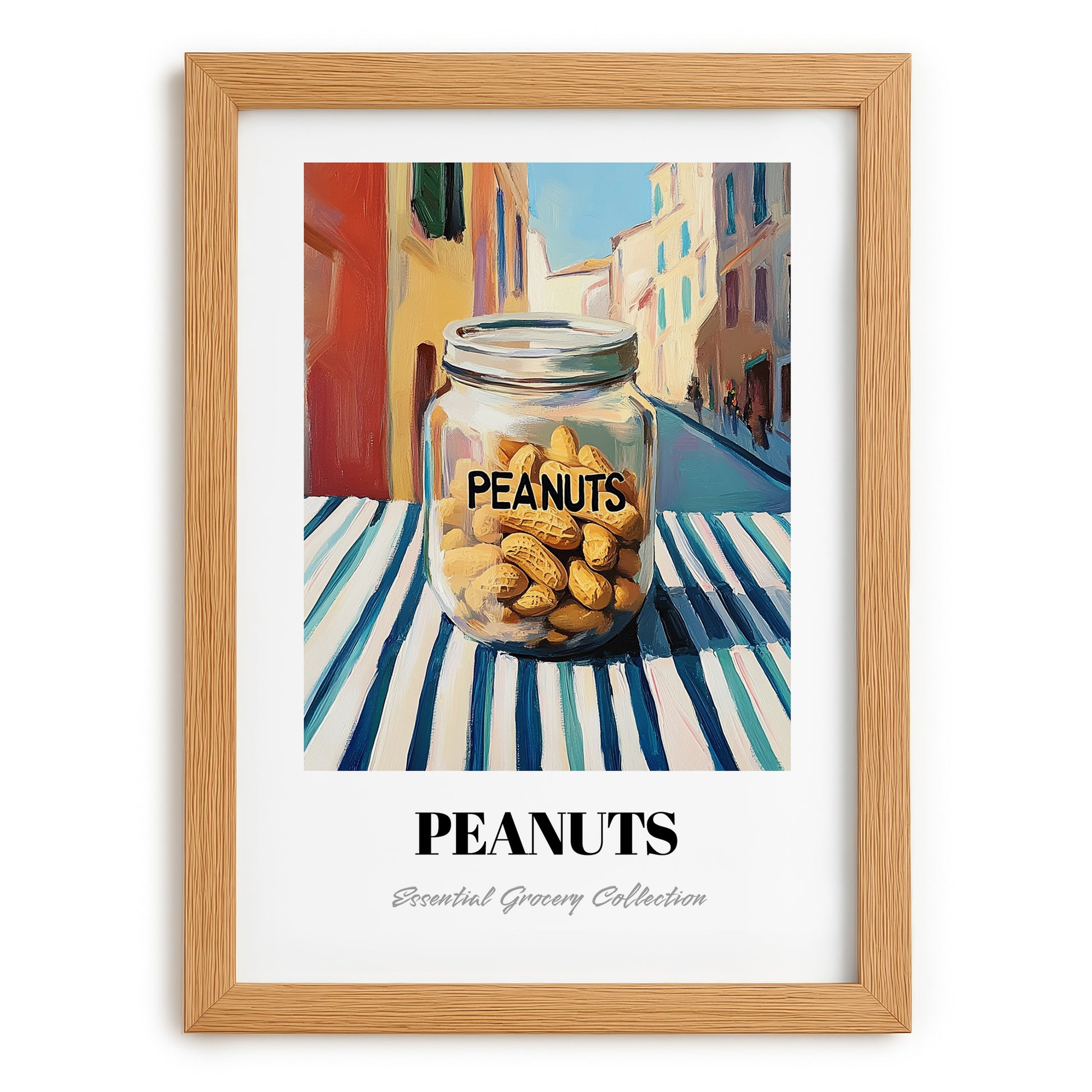 Peanuts – Italian Café on the Corner, Nuts Illustration, set in oak frame