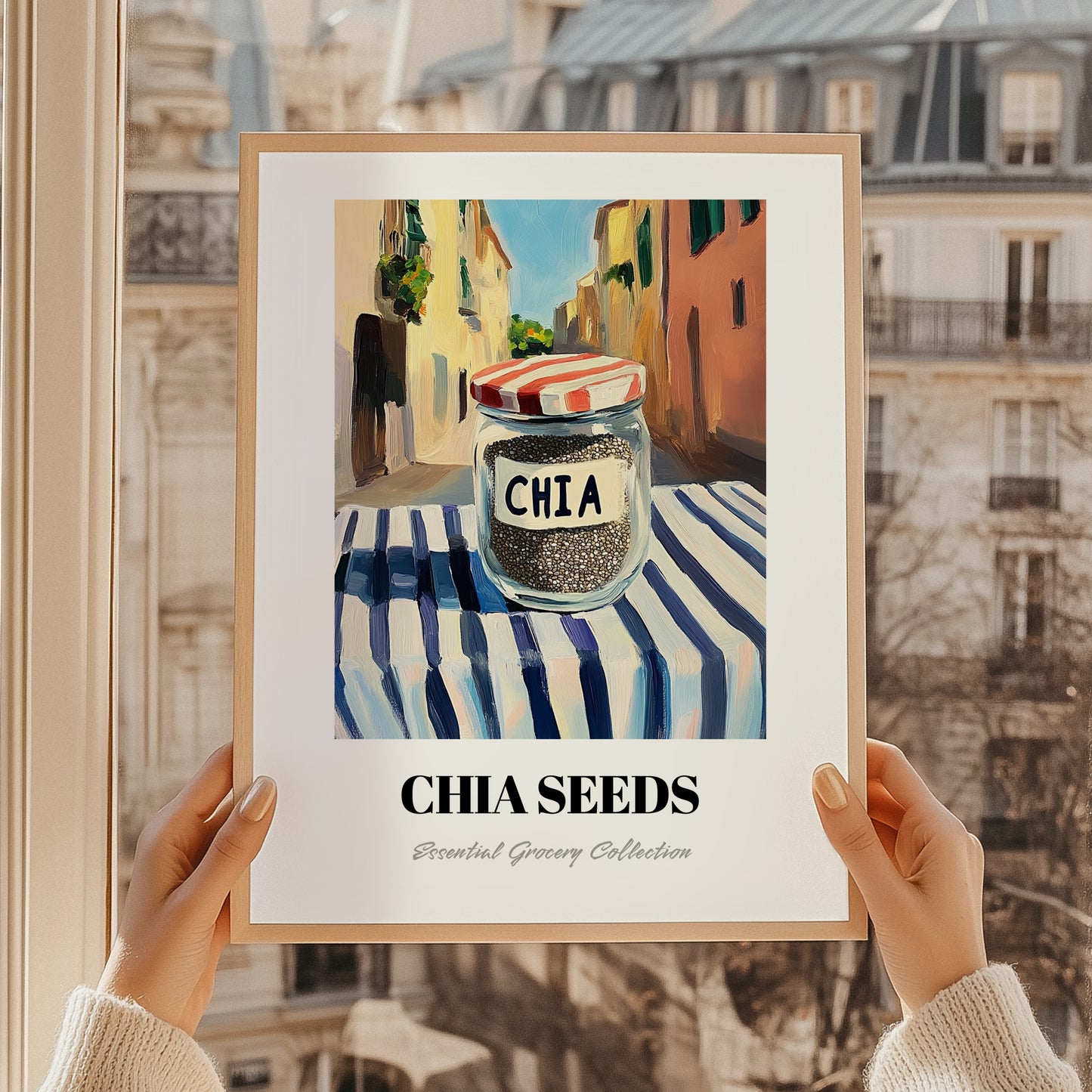 Chia Seeds – Italian Street Café Scene, Nuts Poster, styled in a charming Paris street view