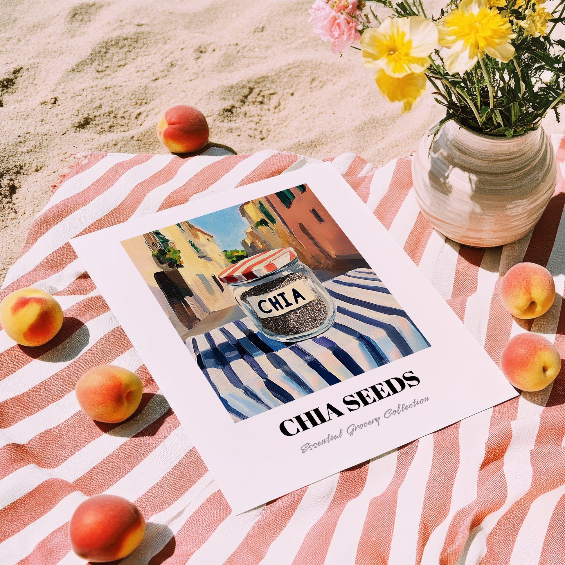 Chia Seeds – Italian Street Café Scene, Nuts Poster, unframed on coastal sand