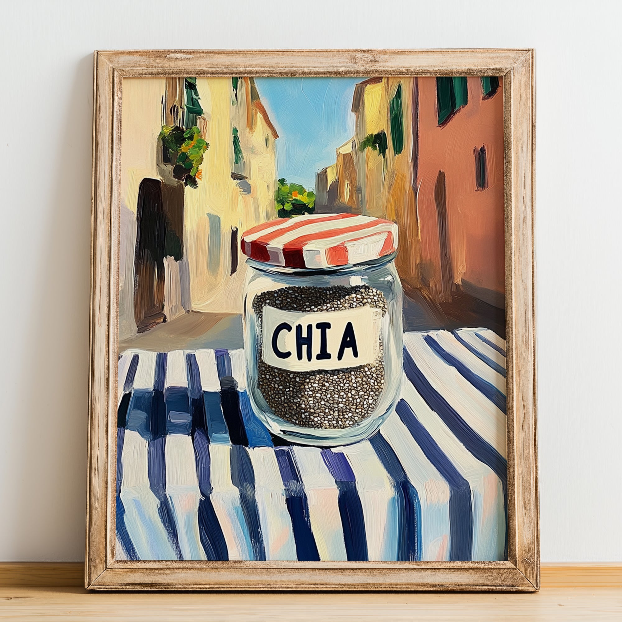 Chia Seeds – Italian Street Café Scene, Nuts Poster, no-text version framed in wood