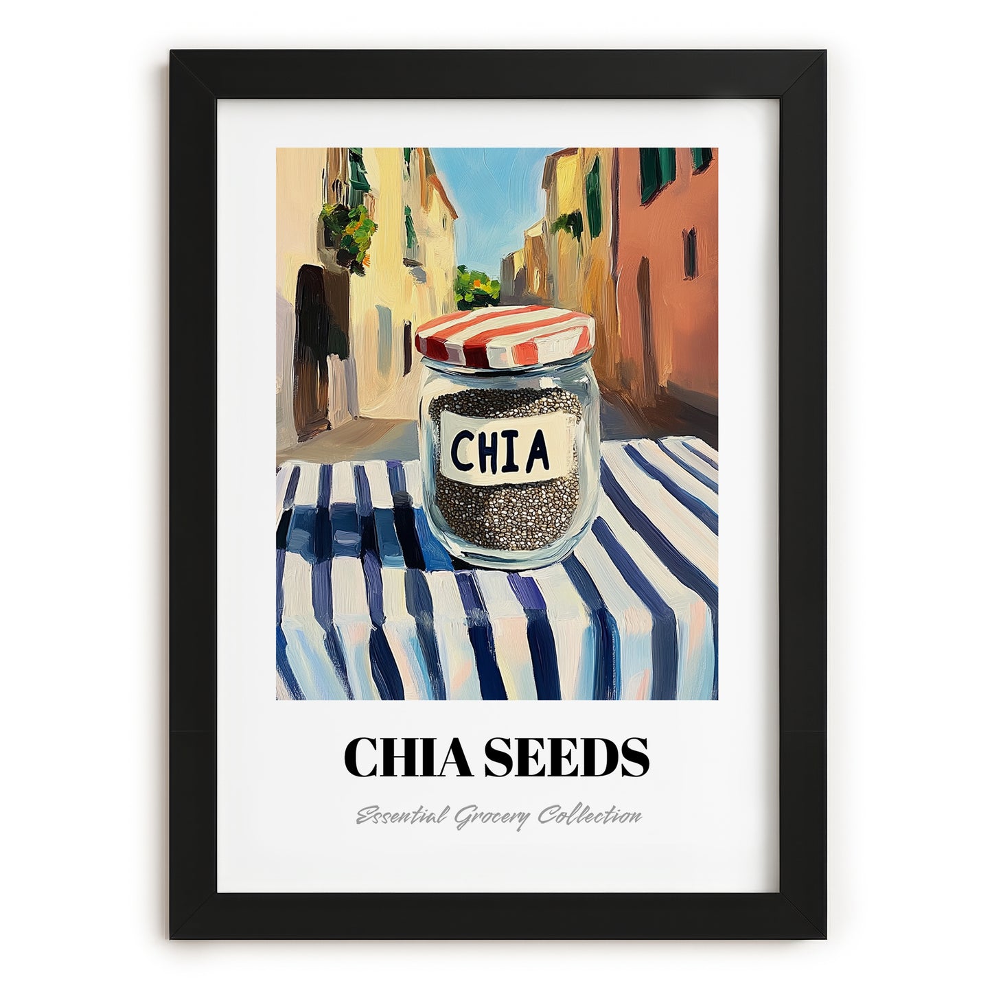 Chia Seeds – Italian Street Café Scene, Nuts Poster, in sleek black frame