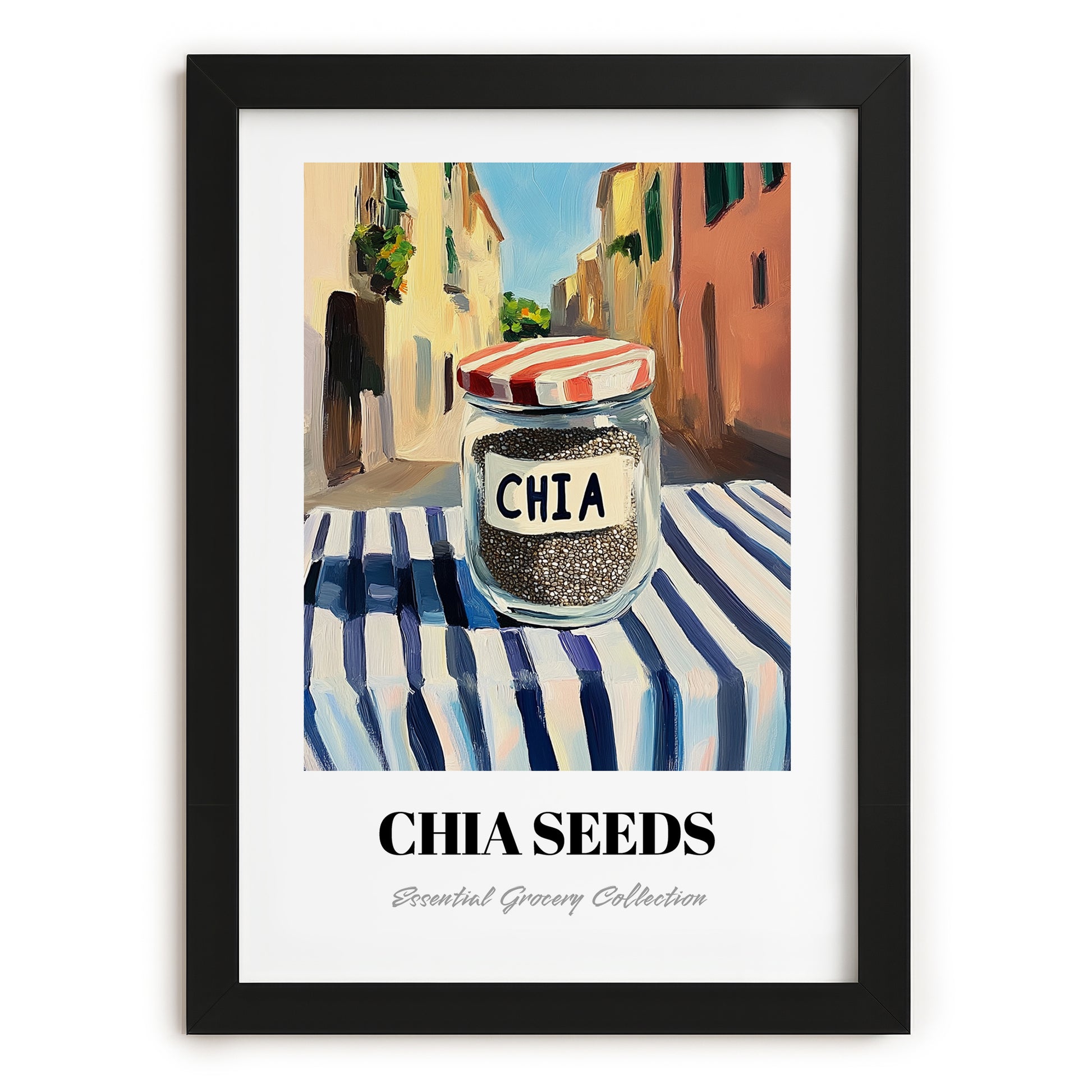 Chia Seeds – Italian Street Café Scene, Nuts Poster, in sleek black frame