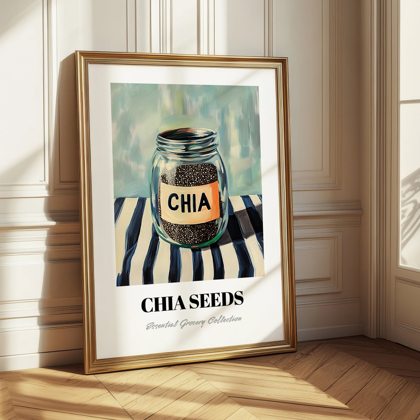 Chia Seeds – on Striped Tablecloth, Nuts Wall Decor