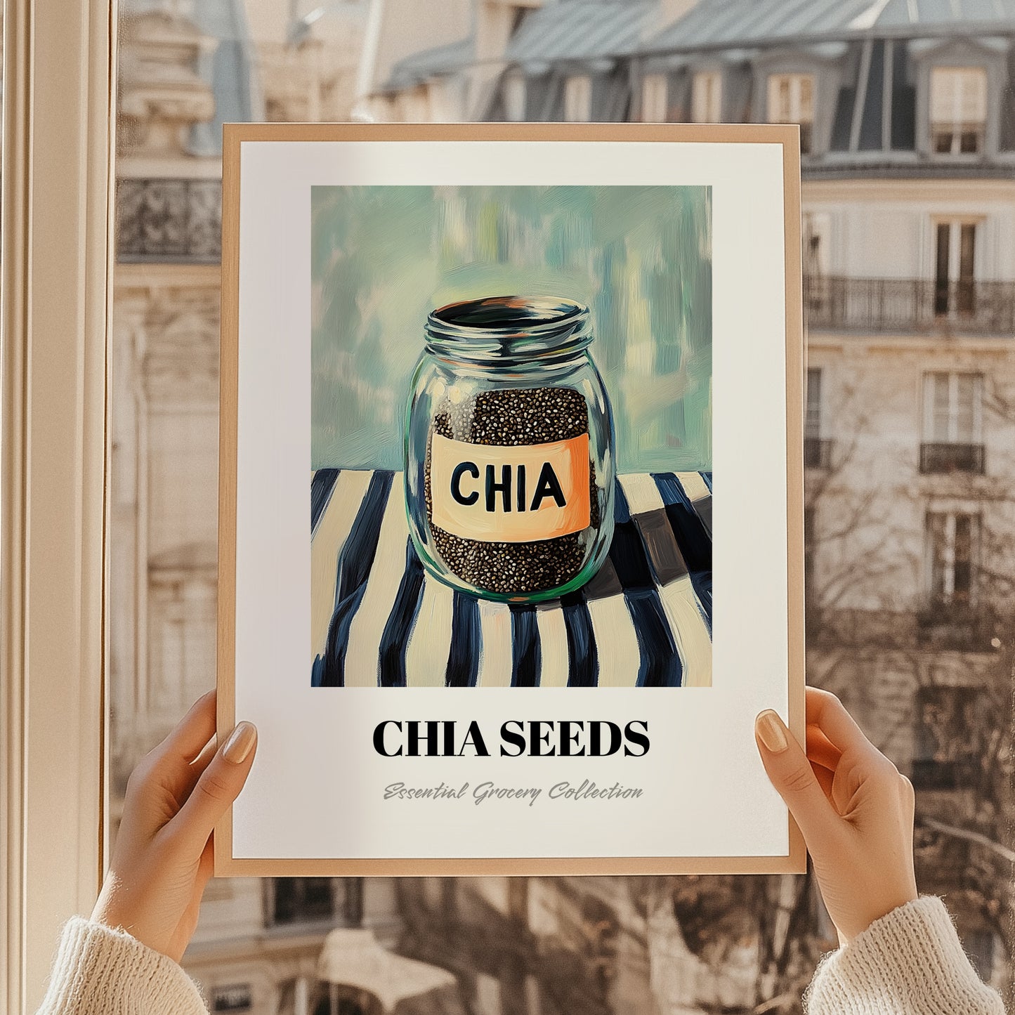 Chia Seeds – on Striped Tablecloth, Nuts Wall Decor, styled in a charming Paris street view