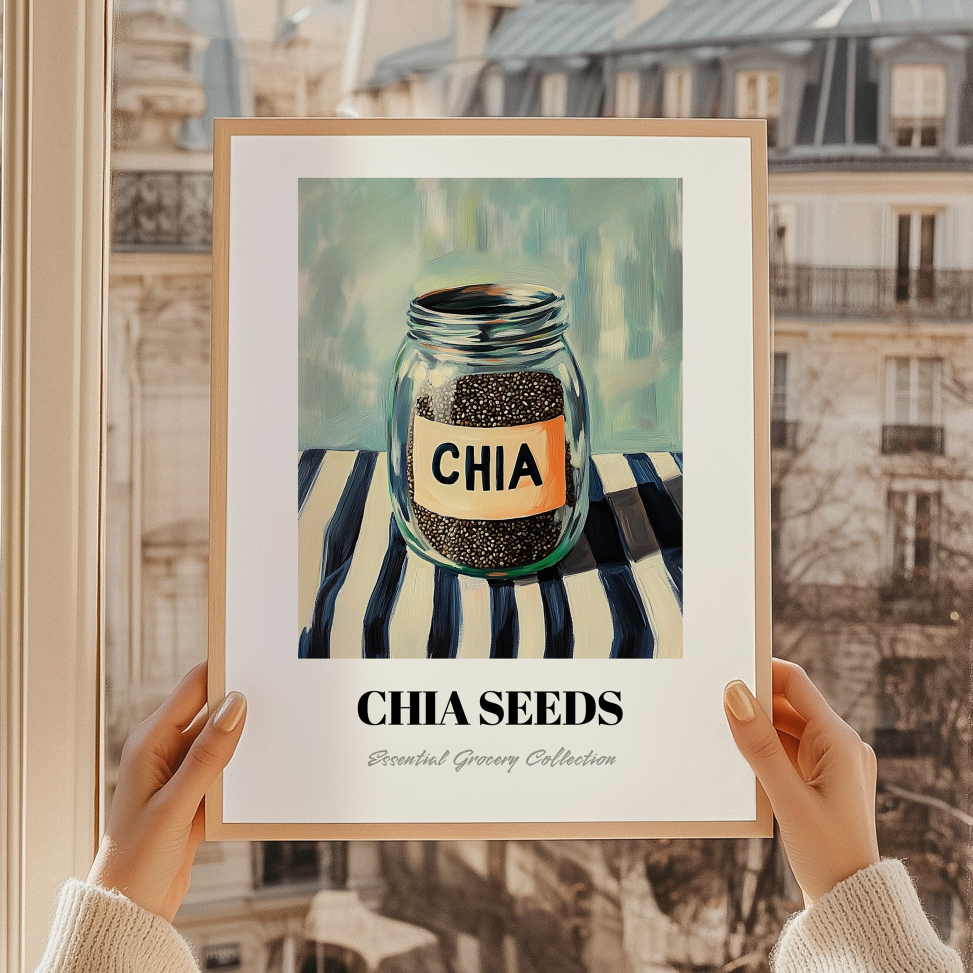 Chia Seeds – on Striped Tablecloth, Nuts Wall Decor, styled in a charming Paris street view