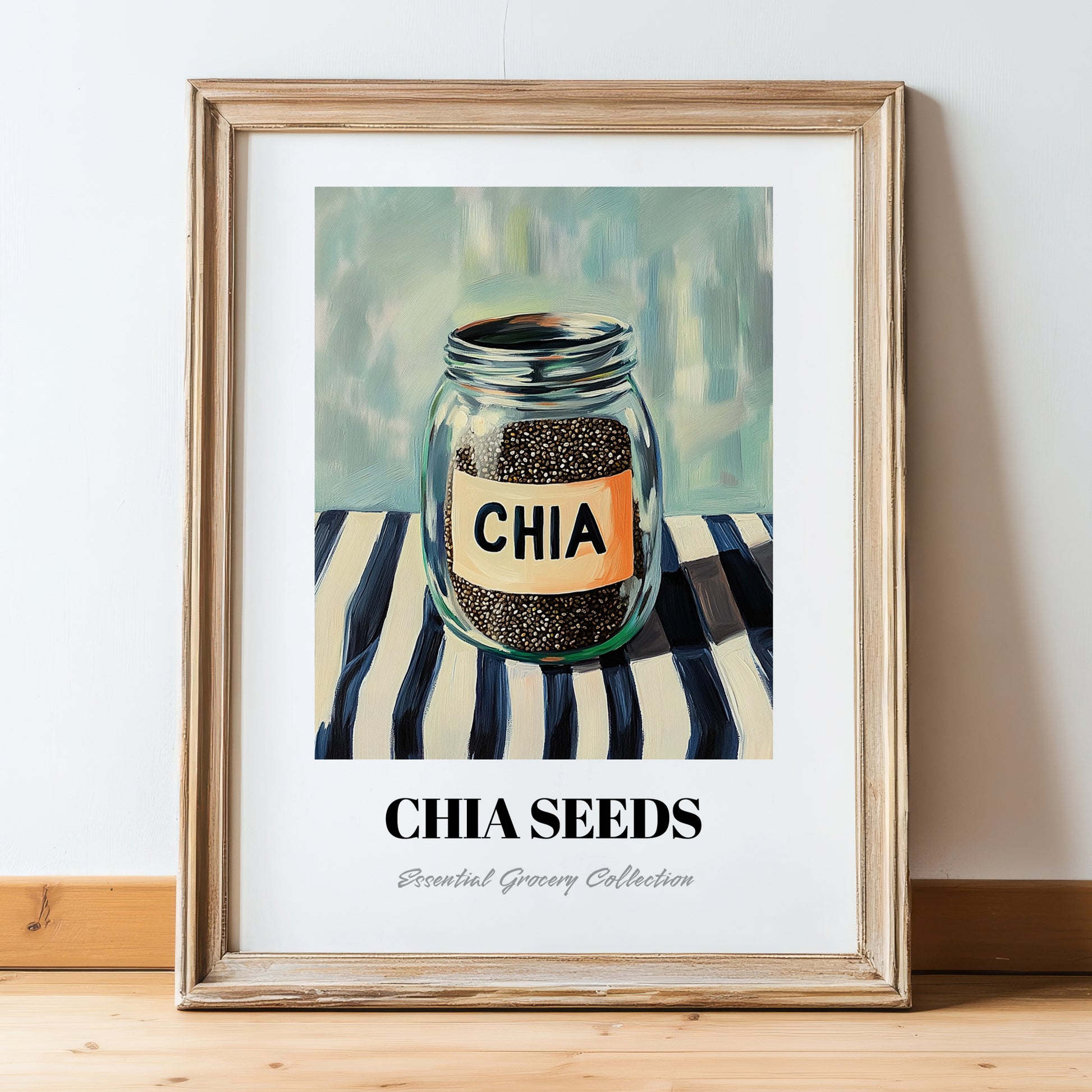 Chia Seeds – on Striped Tablecloth, Nuts Wall Decor, in wooden frame leaning on the floor