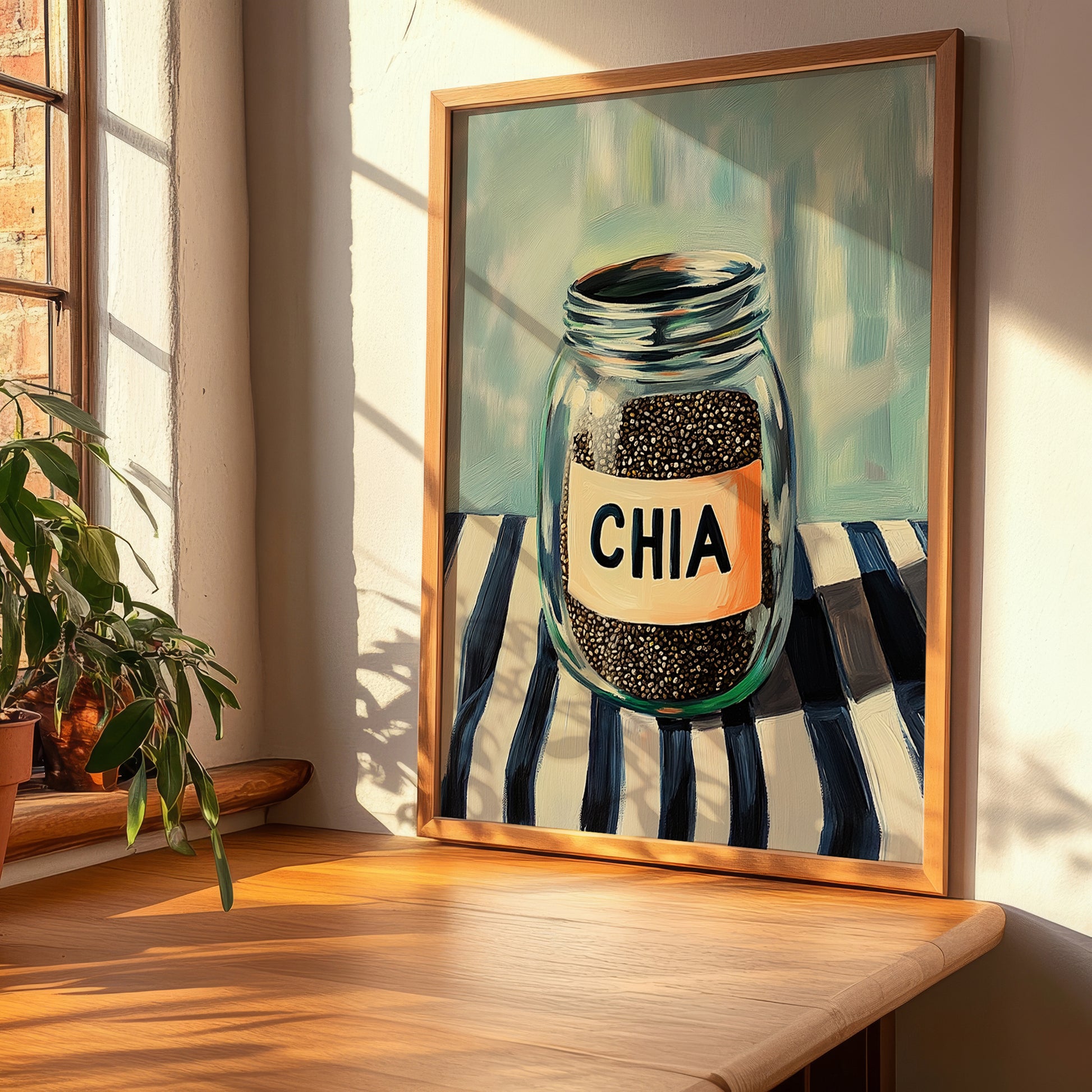 Chia Seeds – on Striped Tablecloth, Nuts Wall Decor, clean layout with no caption