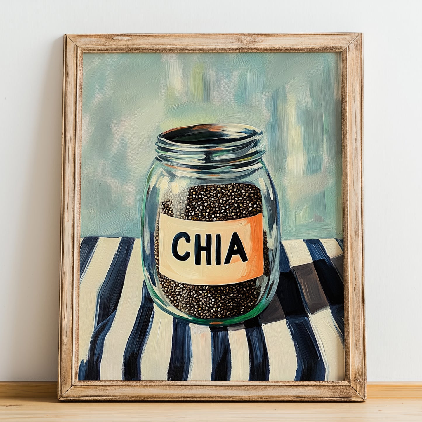 Chia Seeds – on Striped Tablecloth, Nuts Wall Decor, no-text version framed in wood