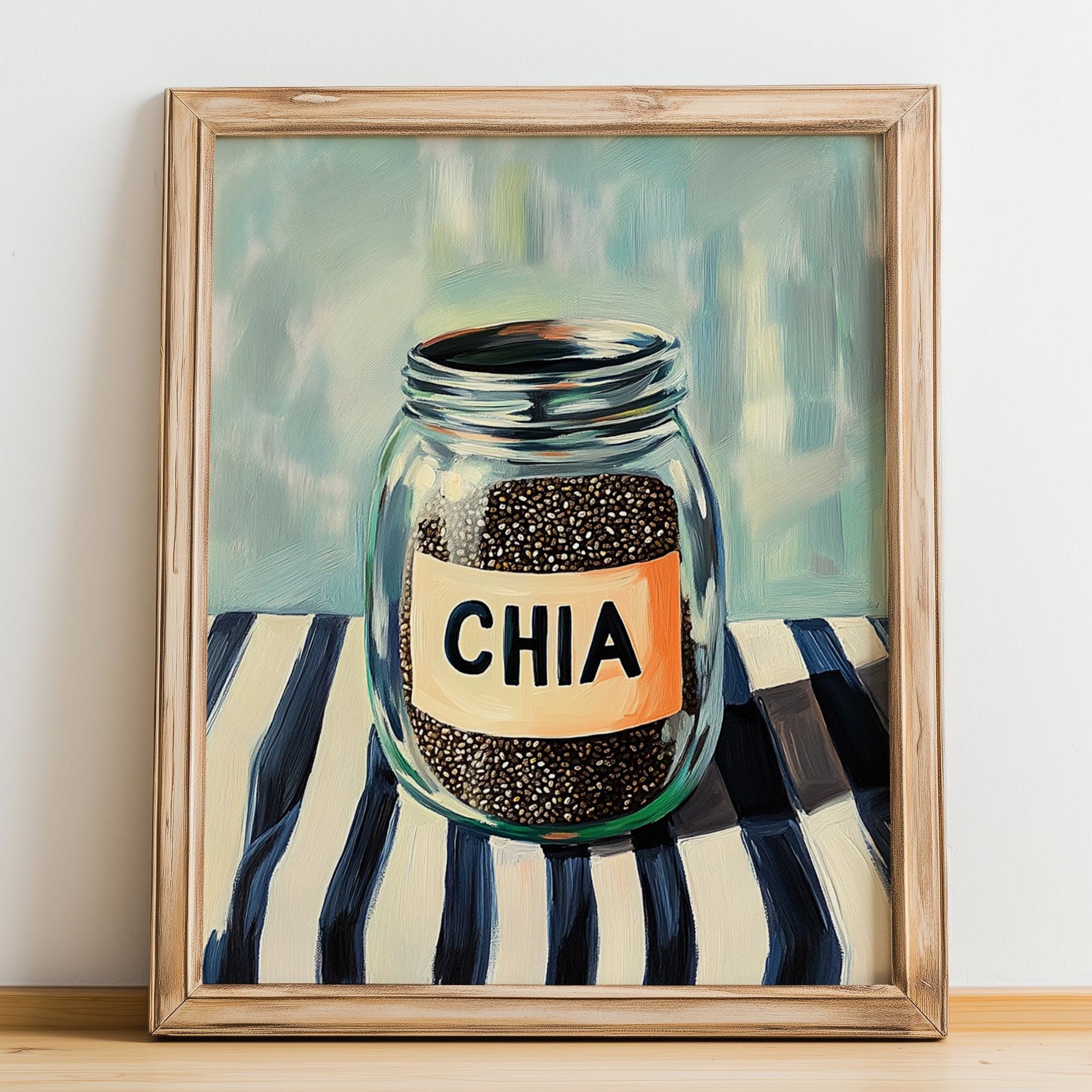 Chia Seeds – on Striped Tablecloth, Nuts Wall Decor, no-text version framed in wood