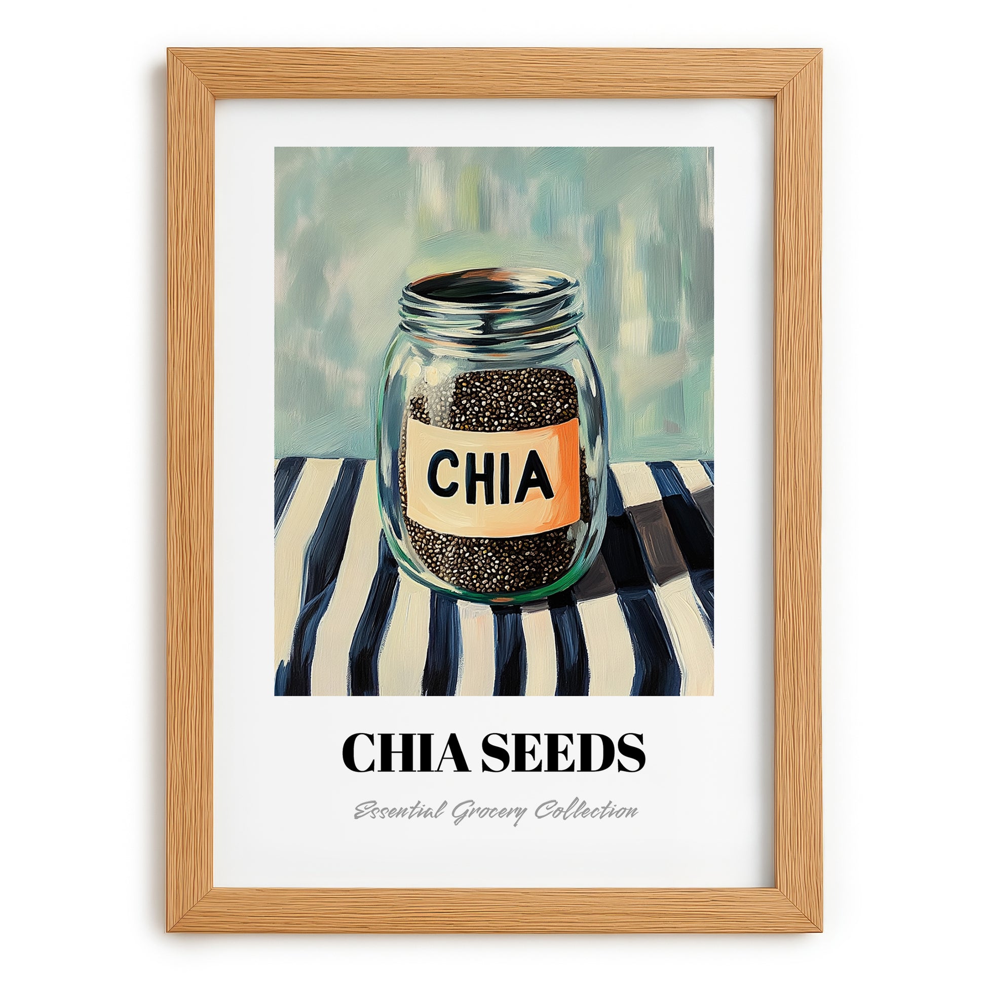 Chia Seeds – on Striped Tablecloth, Nuts Wall Decor, set in oak frame