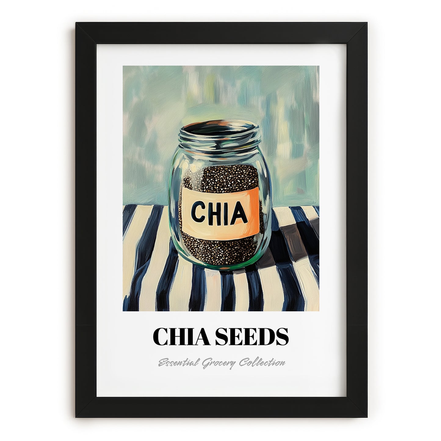 Chia Seeds – on Striped Tablecloth, Nuts Wall Decor, in sleek black frame