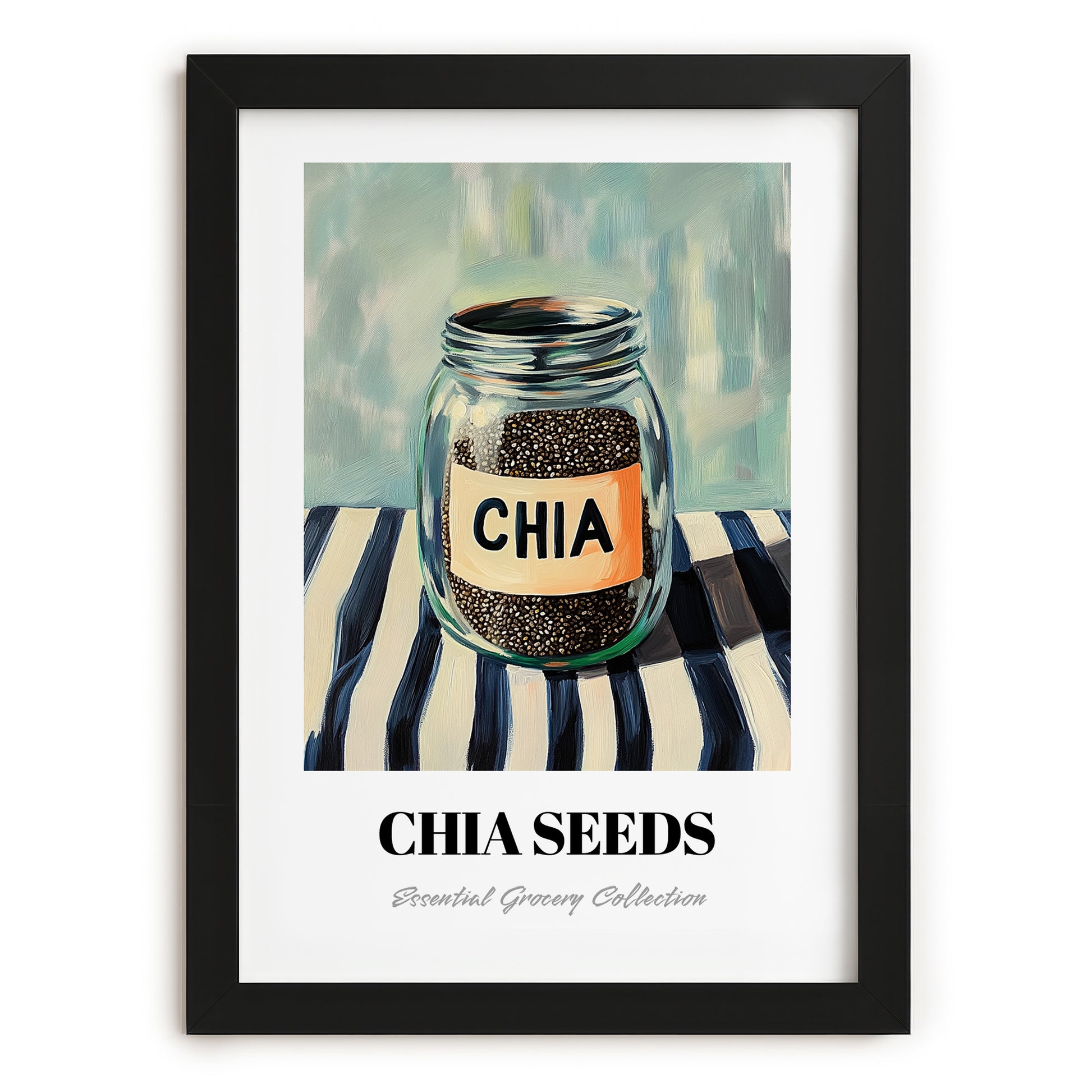 Chia Seeds – on Striped Tablecloth, Nuts Wall Decor, in sleek black frame