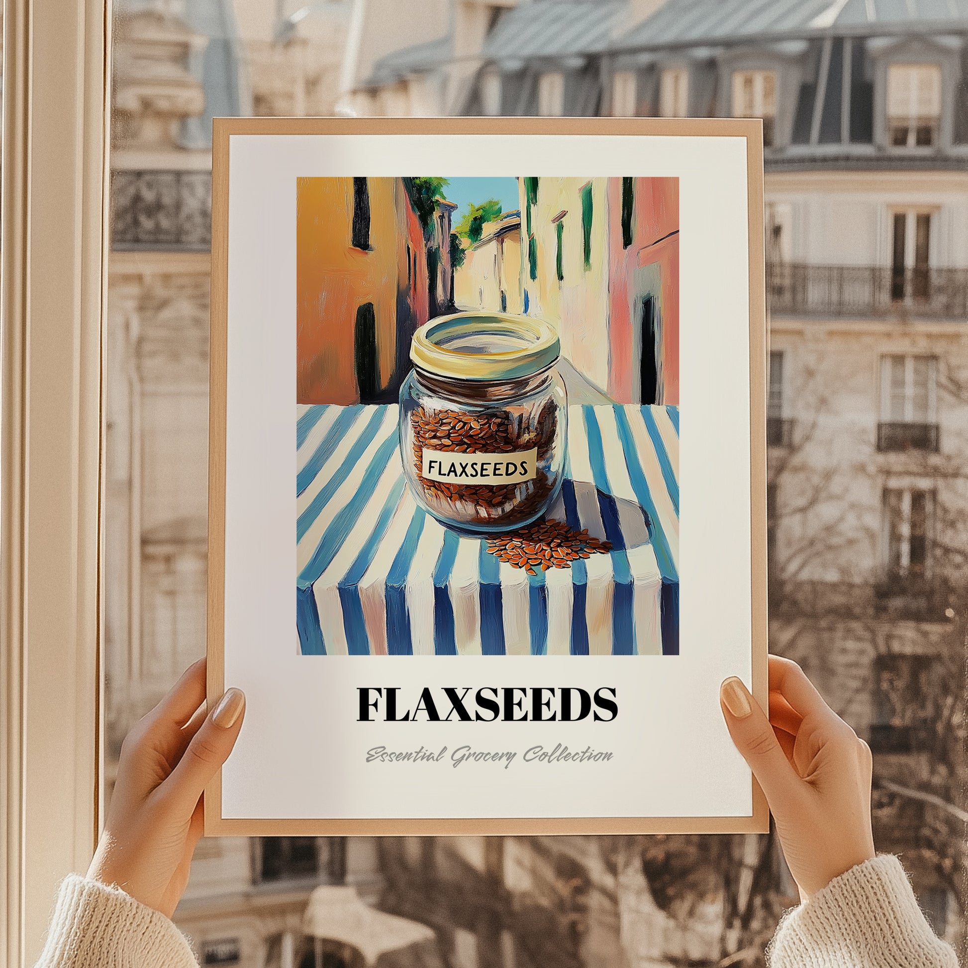Flaxseeds – Italian Outdoor Café Scene, Nuts Art, styled in a charming Paris street view