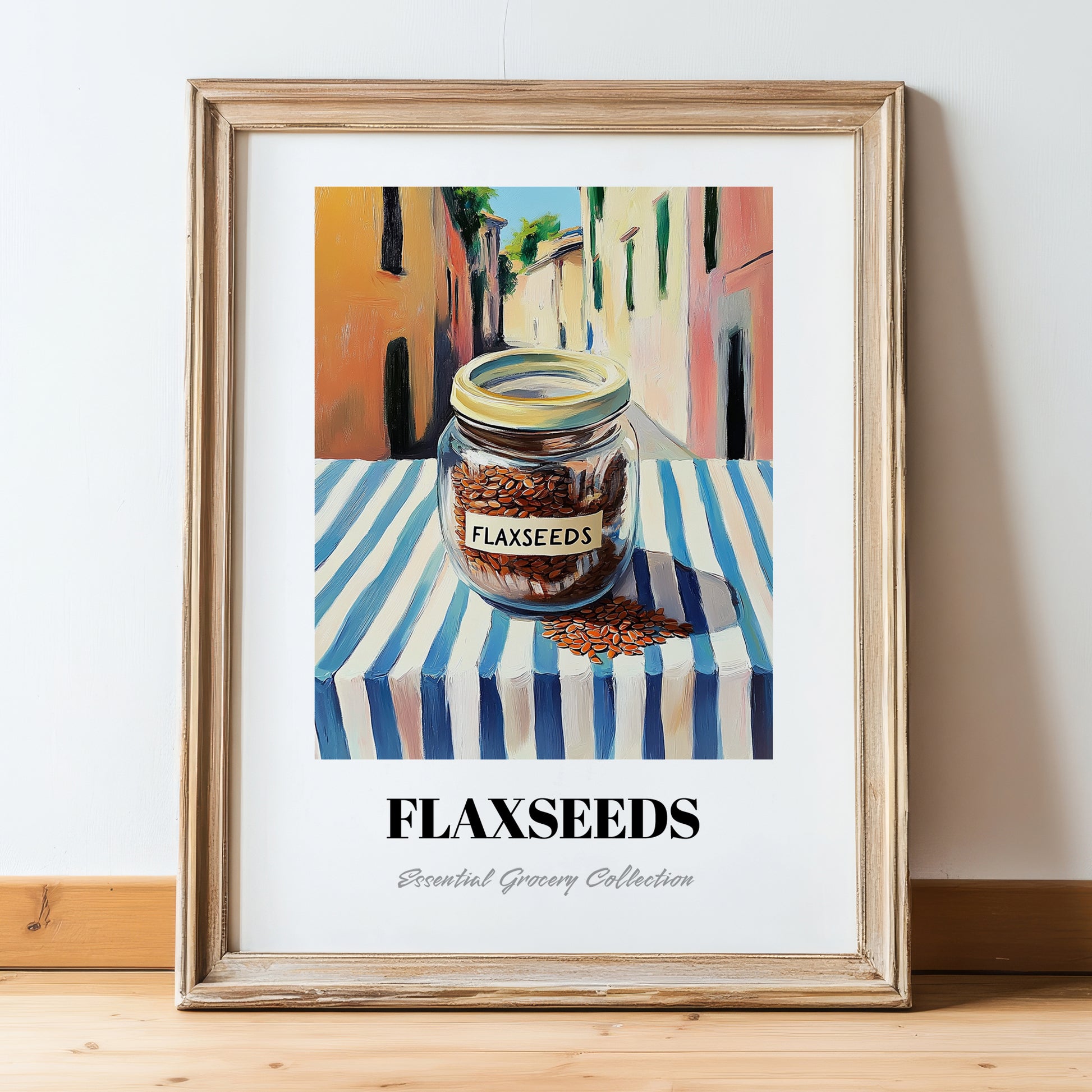 Flaxseeds – Italian Outdoor Café Scene, Nuts Art, in wooden frame leaning on the floor