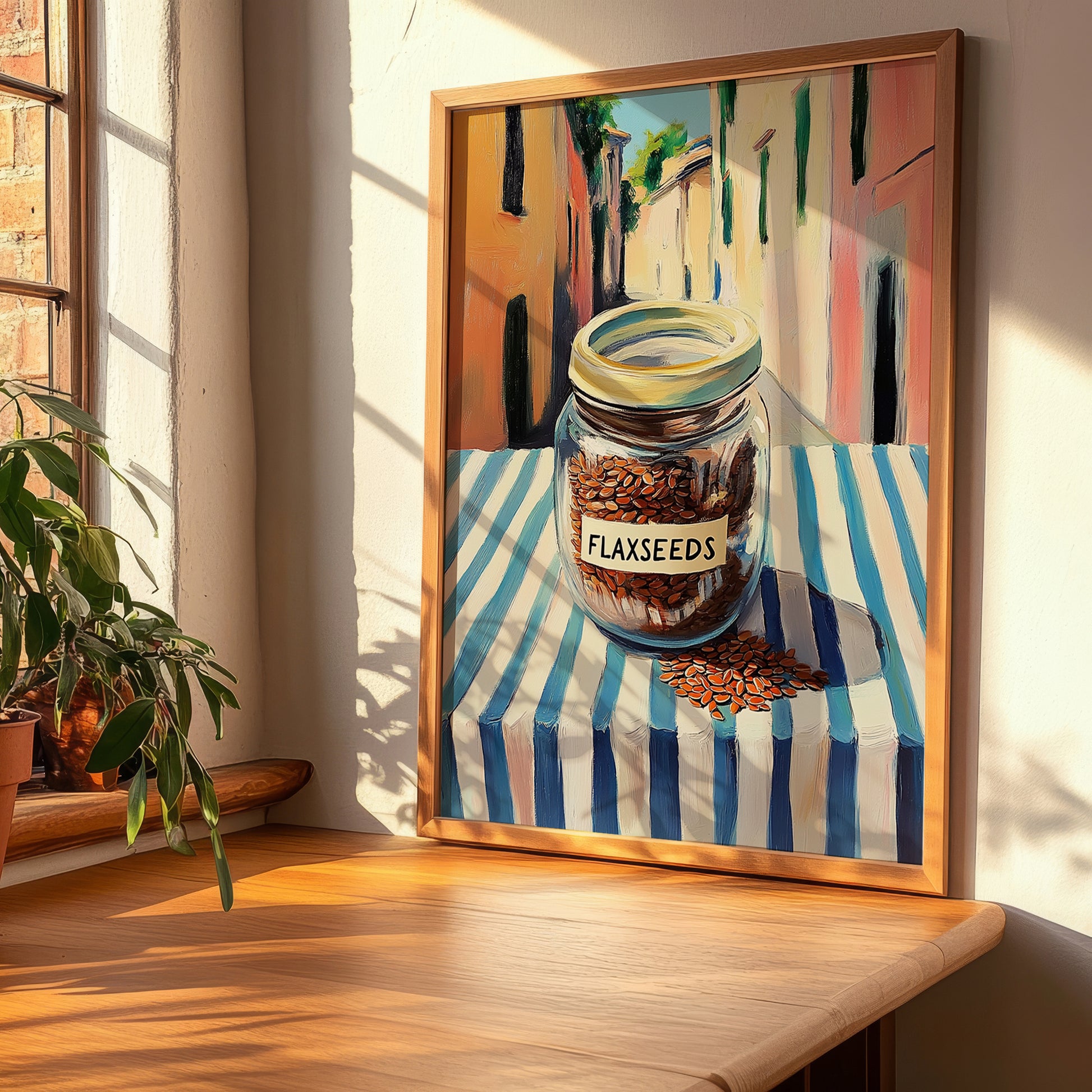Flaxseeds – Italian Outdoor Café Scene, Nuts Art, clean layout with no caption