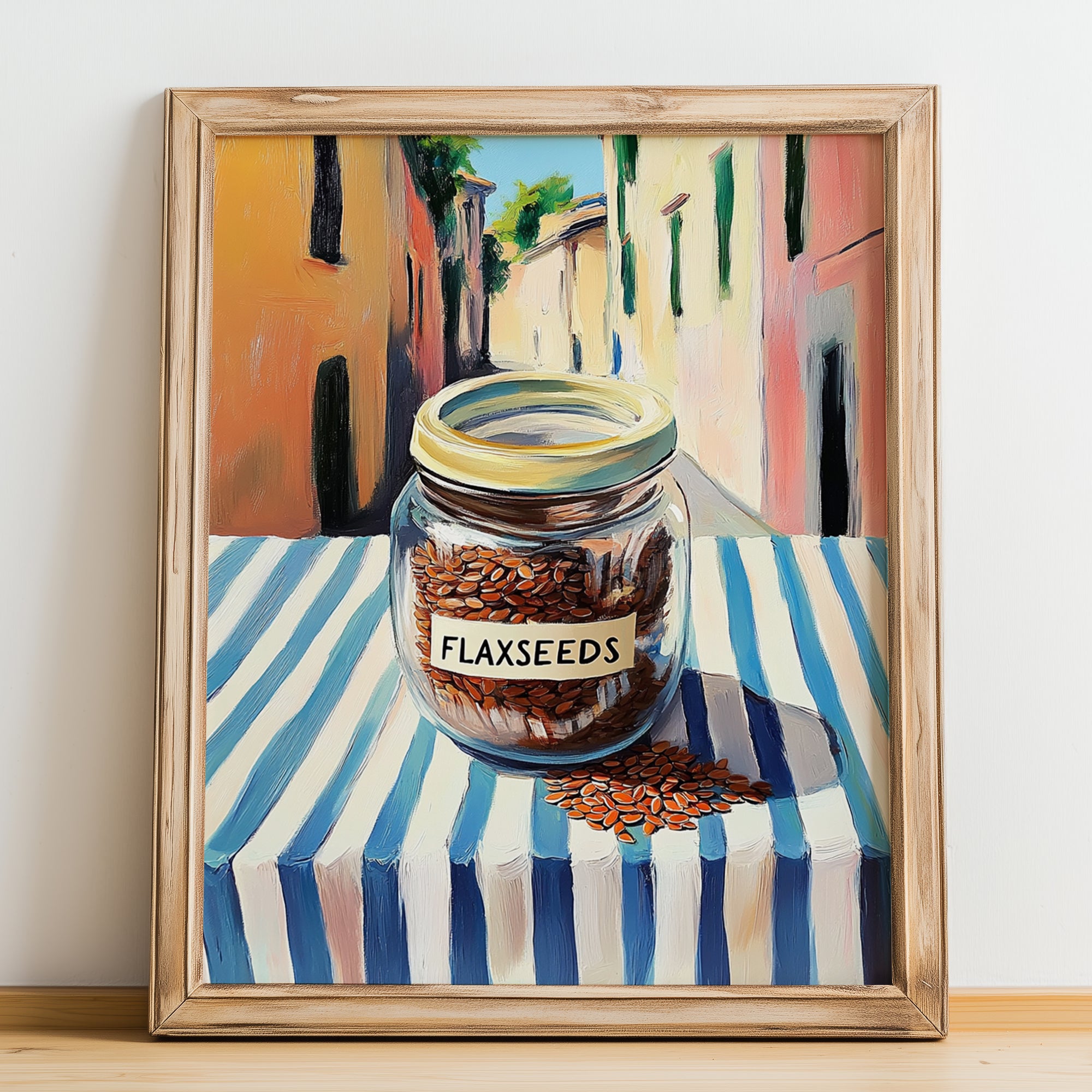 Flaxseeds – Italian Outdoor Café Scene, Nuts Art, no-text version framed in wood