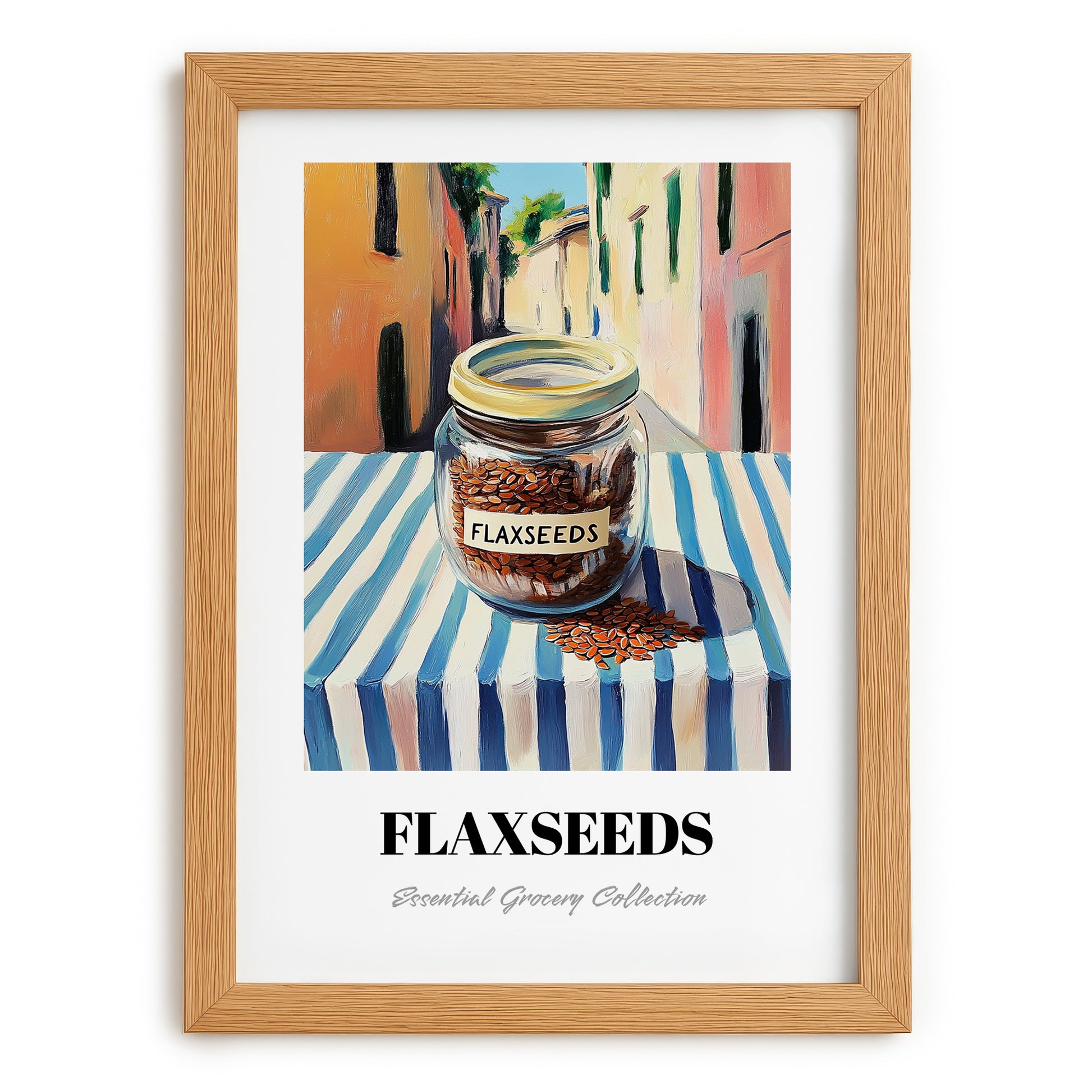 Flaxseeds – Italian Outdoor Café Scene, Nuts Art, set in oak frame