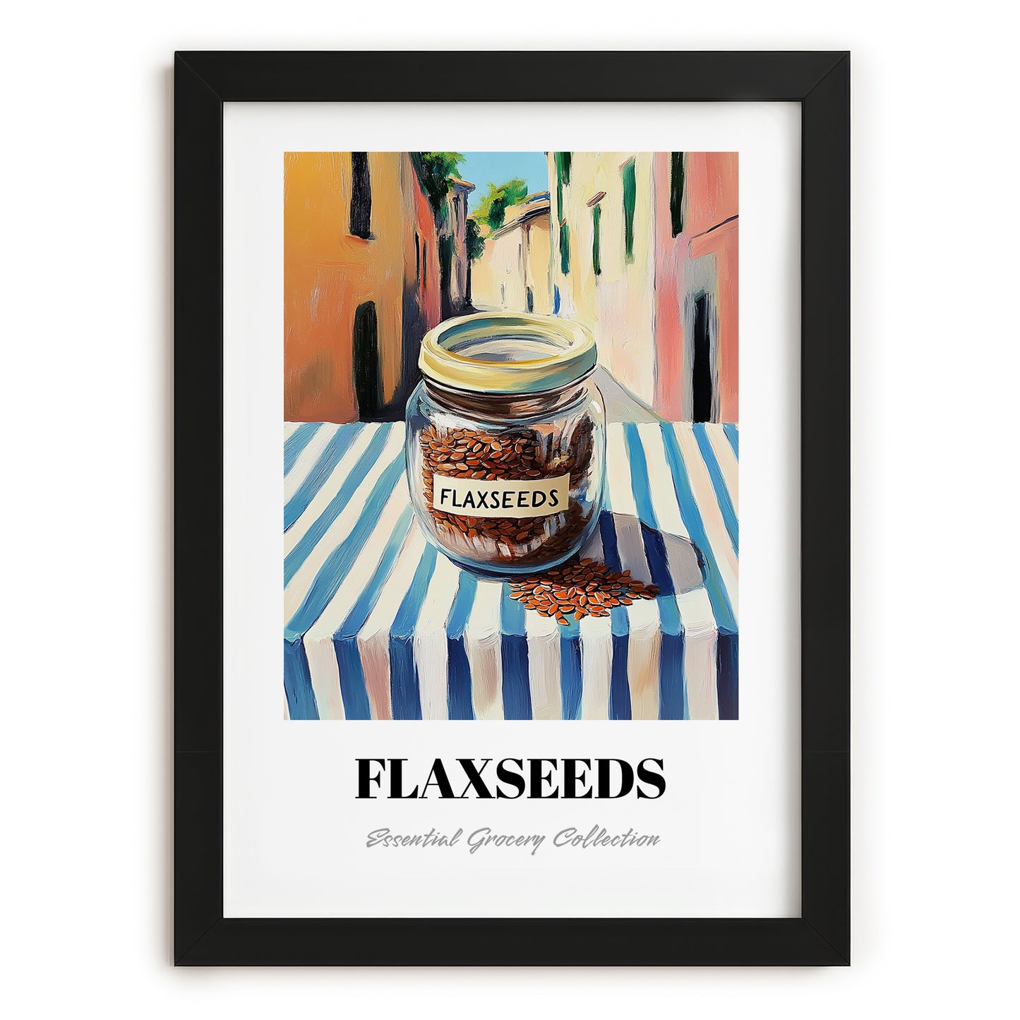 Flaxseeds – Italian Outdoor Café Scene, Nuts Art, in sleek black frame