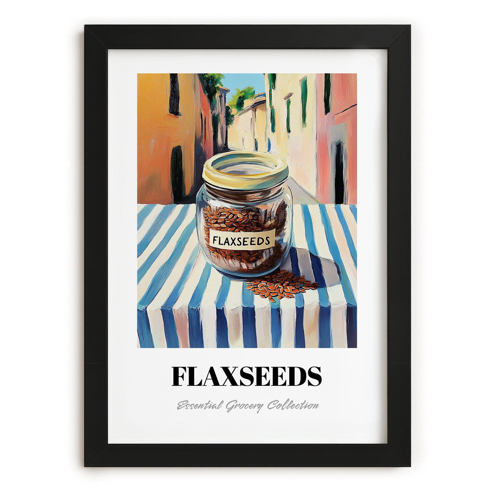 Flaxseeds – Italian Outdoor Café Scene, Nuts Art, in sleek black frame