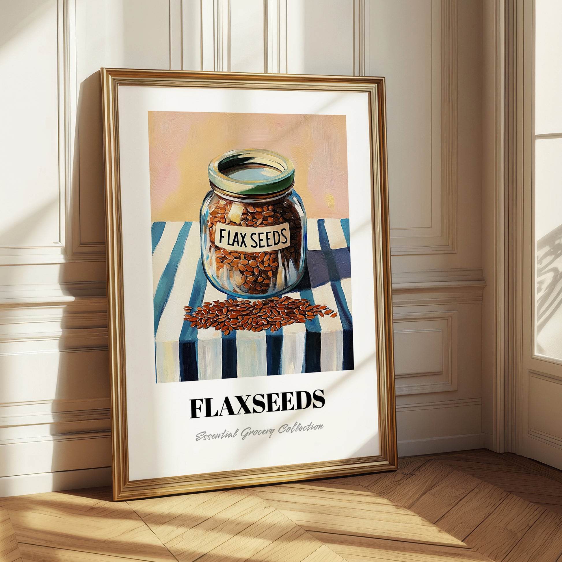 Flaxseeds – on Striped Tablecloth, Nuts Print