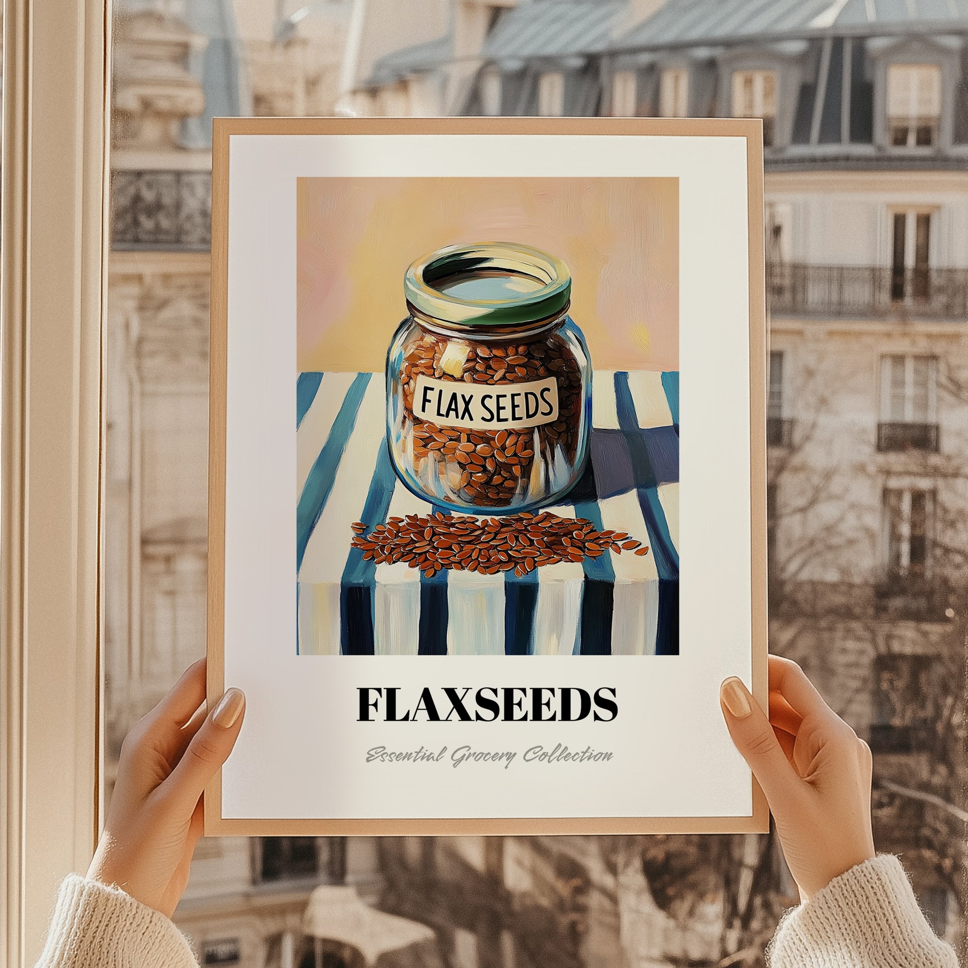 Flaxseeds – on Striped Tablecloth, Nuts Print, styled in a charming Paris street view