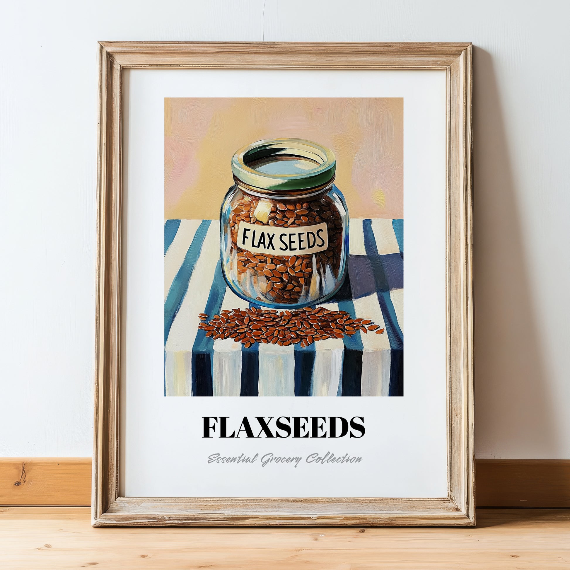 Flaxseeds – on Striped Tablecloth, Nuts Print, in wooden frame leaning on the floor