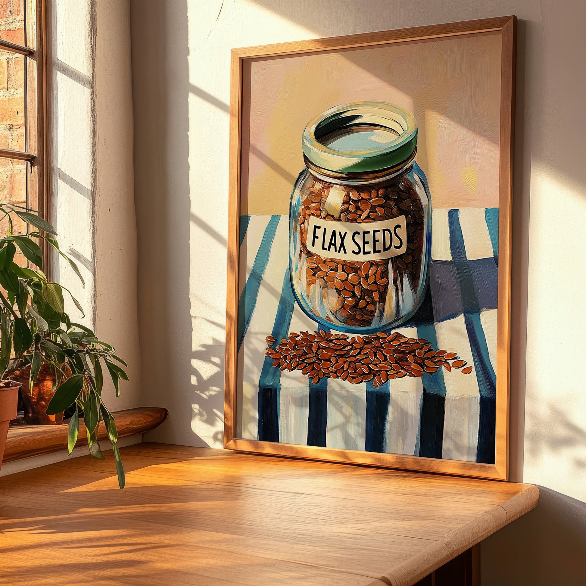 Flaxseeds – on Striped Tablecloth, Nuts Print, clean layout with no caption