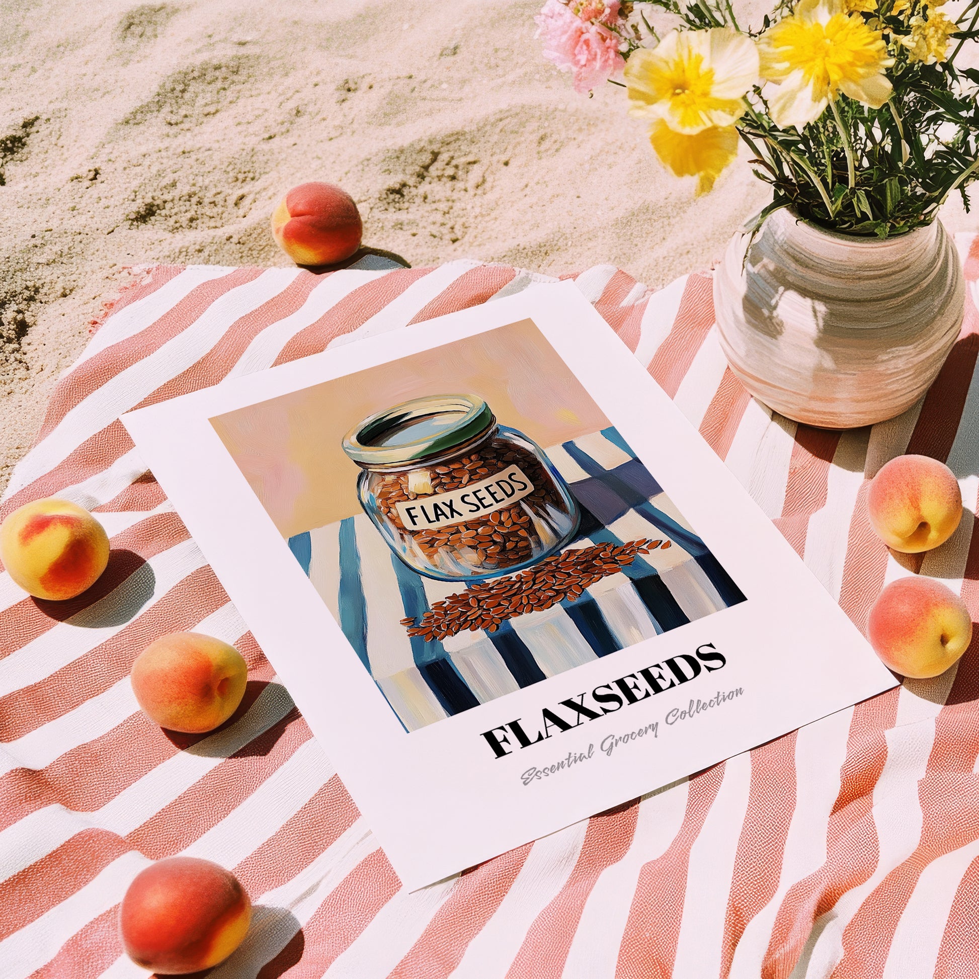 Flaxseeds – on Striped Tablecloth, Nuts Print, unframed on coastal sand