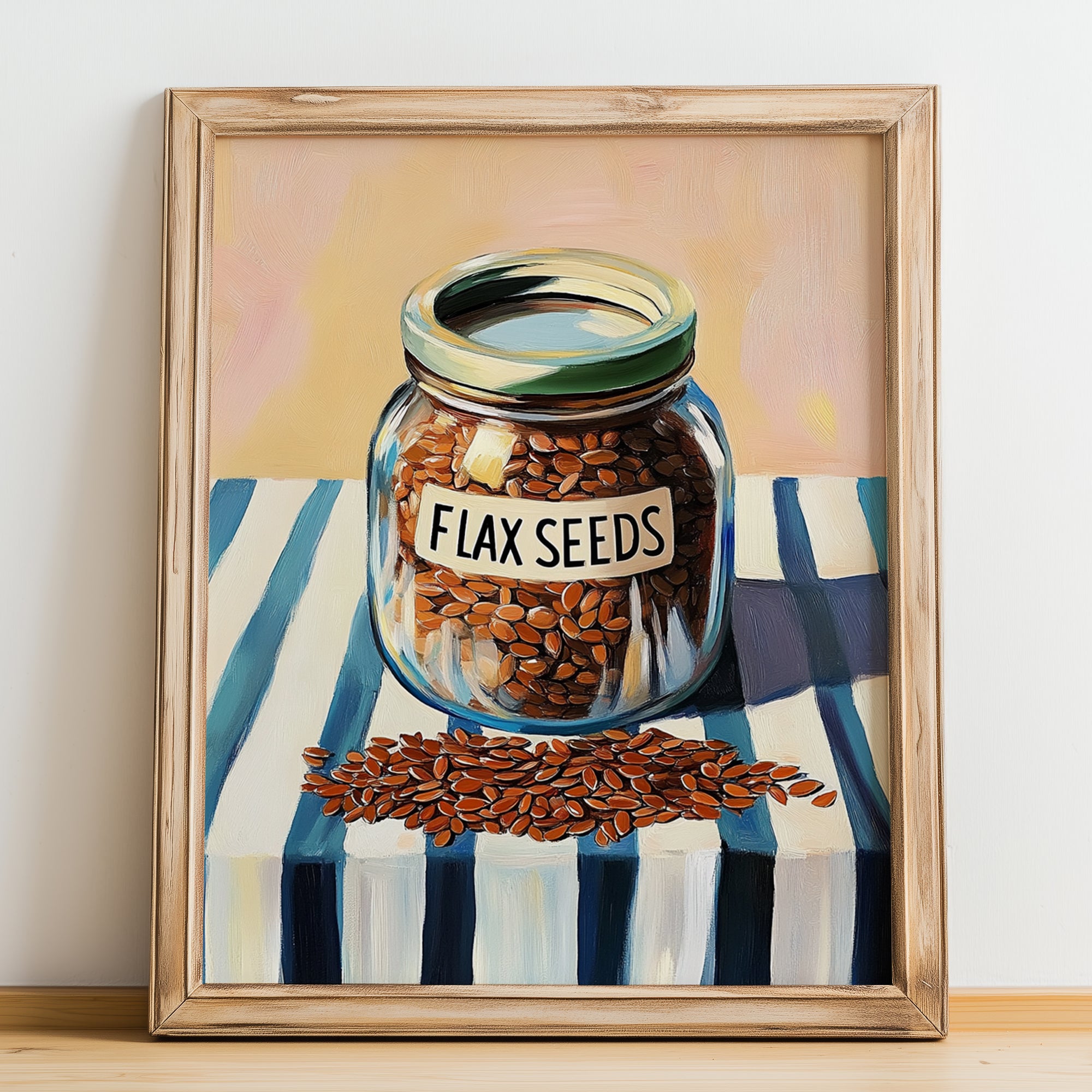 Flaxseeds – on Striped Tablecloth, Nuts Print, no-text version framed in wood