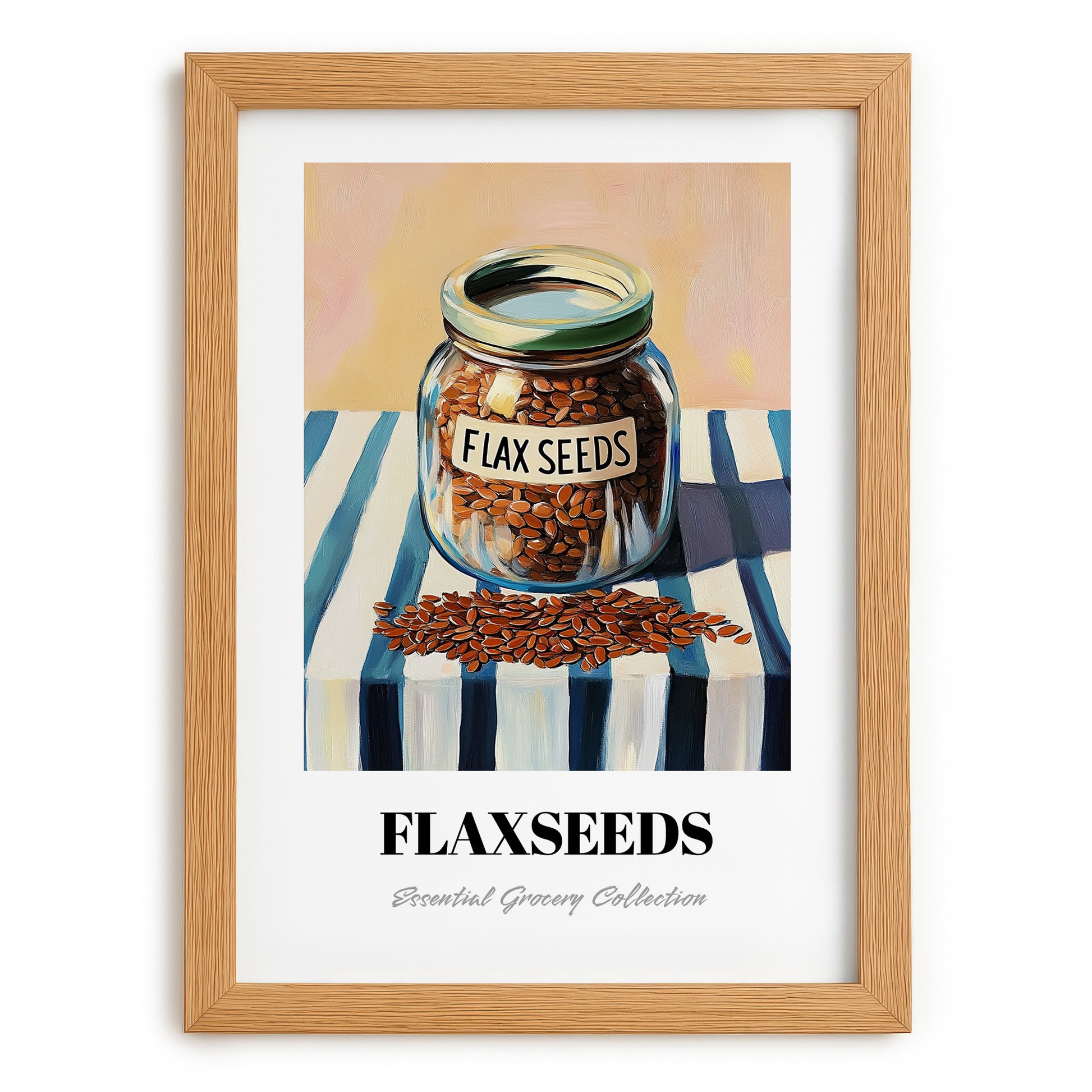 Flaxseeds – on Striped Tablecloth, Nuts Print, set in oak frame