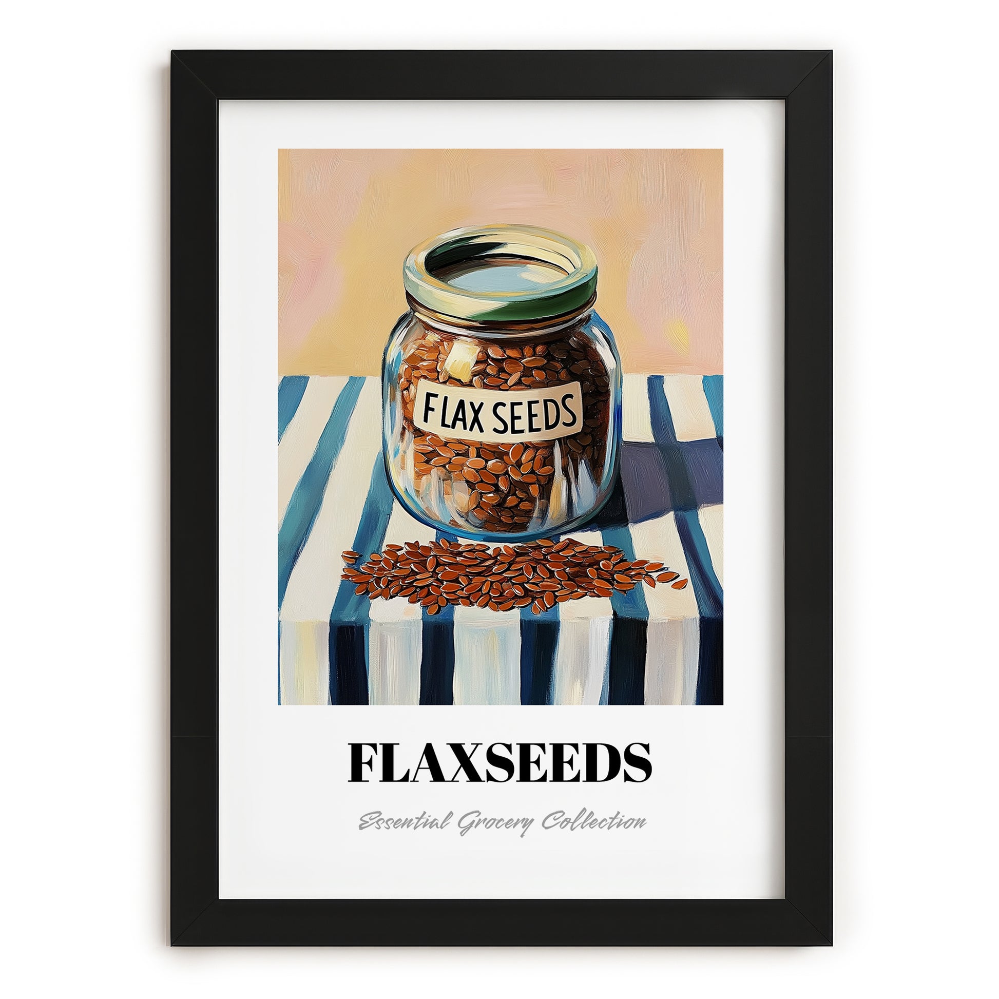Flaxseeds – on Striped Tablecloth, Nuts Print, in sleek black frame