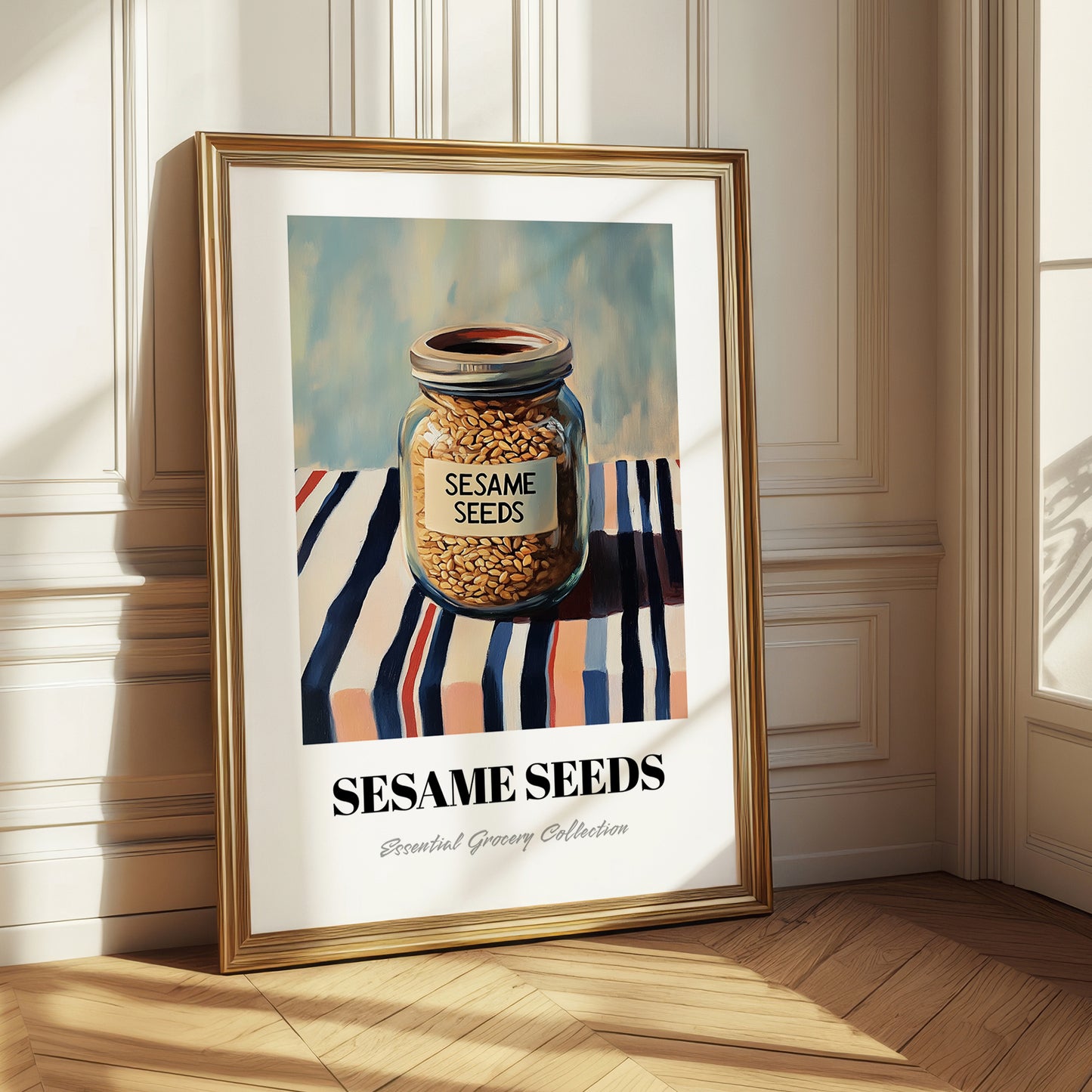 Sesame Seeds – on Striped Tablecloth, Nuts Poster