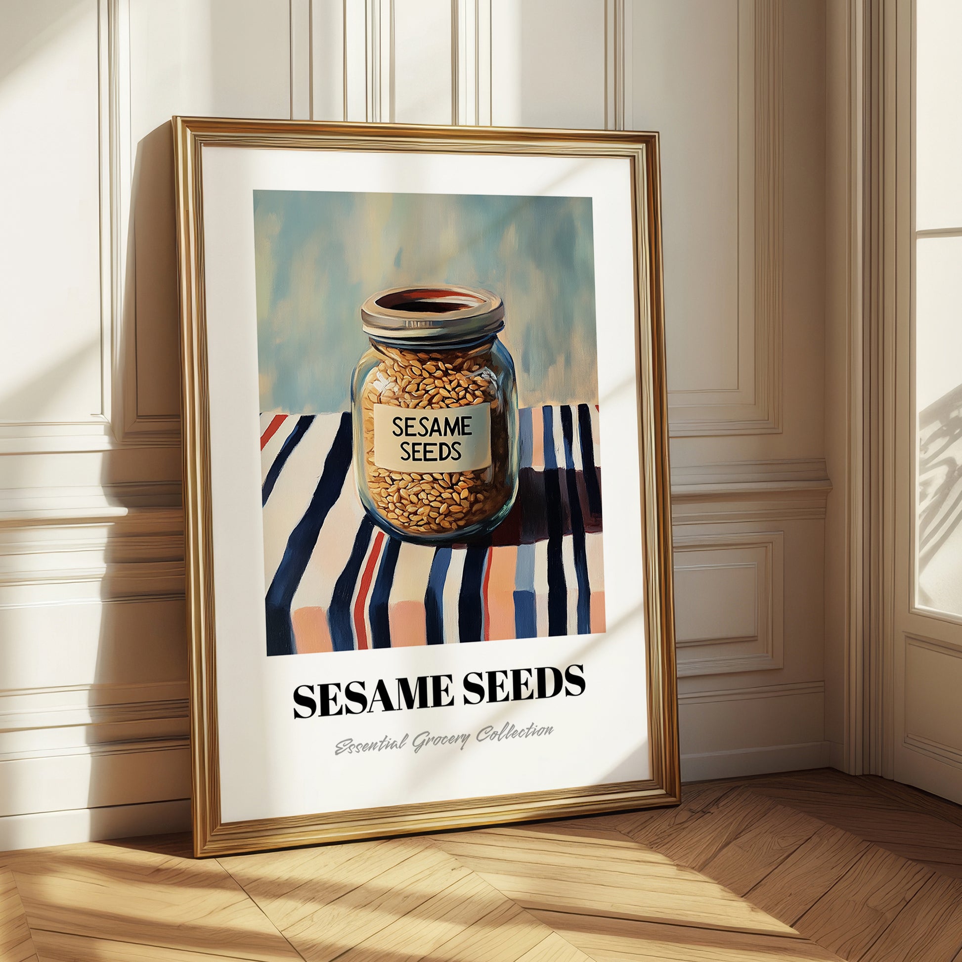 Sesame Seeds – on Striped Tablecloth, Nuts Poster