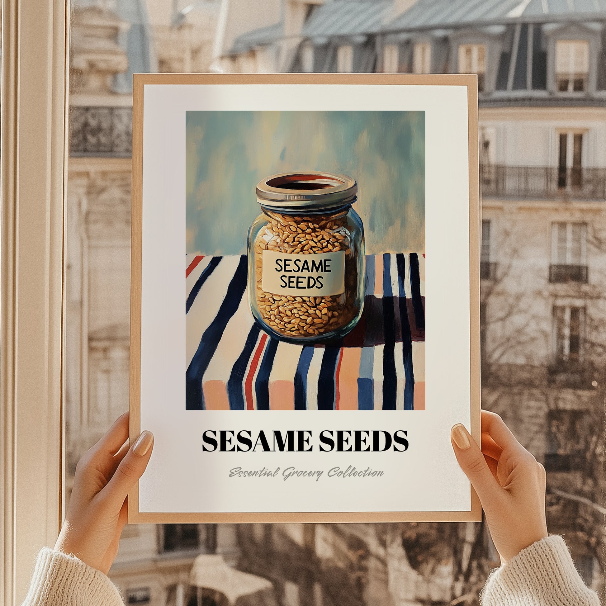 Sesame Seeds – on Striped Tablecloth, Nuts Poster, styled in a charming Paris street view