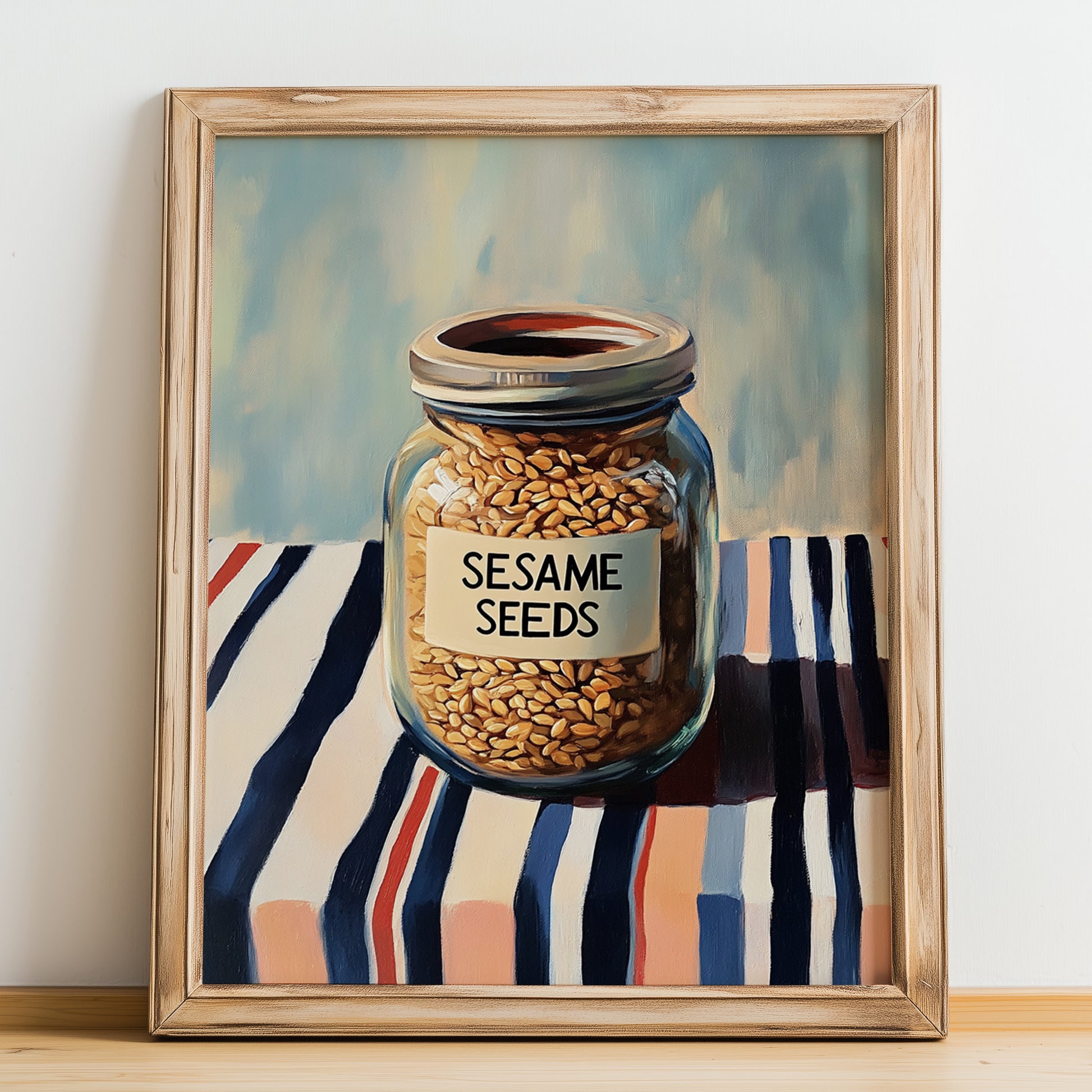 Sesame Seeds – on Striped Tablecloth, Nuts Poster, no-text version framed in wood
