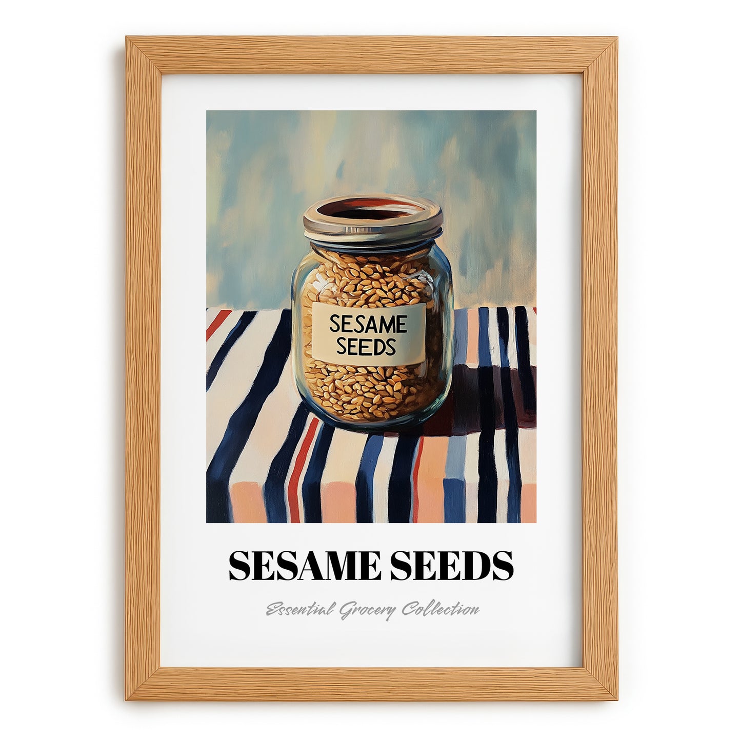 Sesame Seeds – on Striped Tablecloth, Nuts Poster, set in oak frame