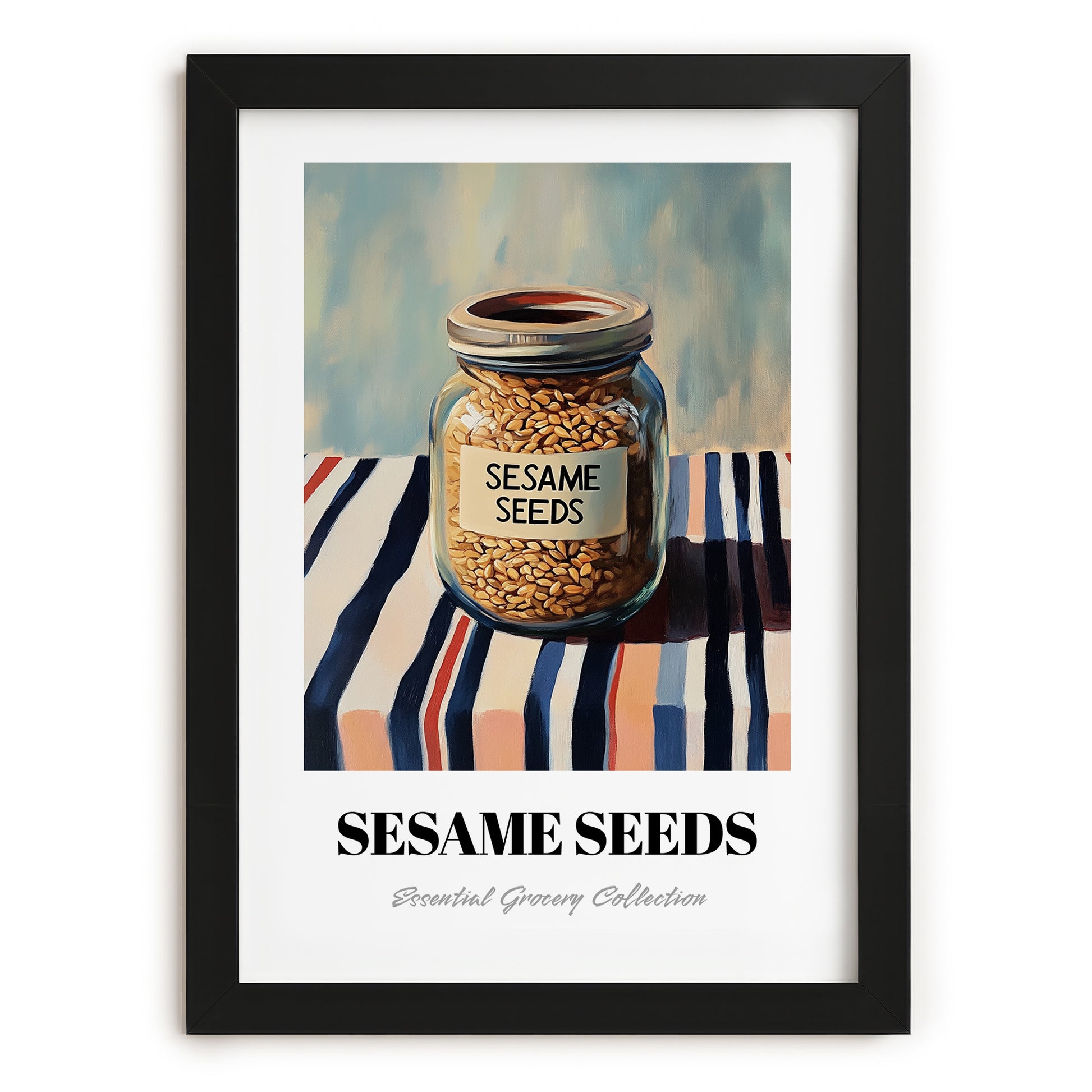 Sesame Seeds – on Striped Tablecloth, Nuts Poster, in sleek black frame