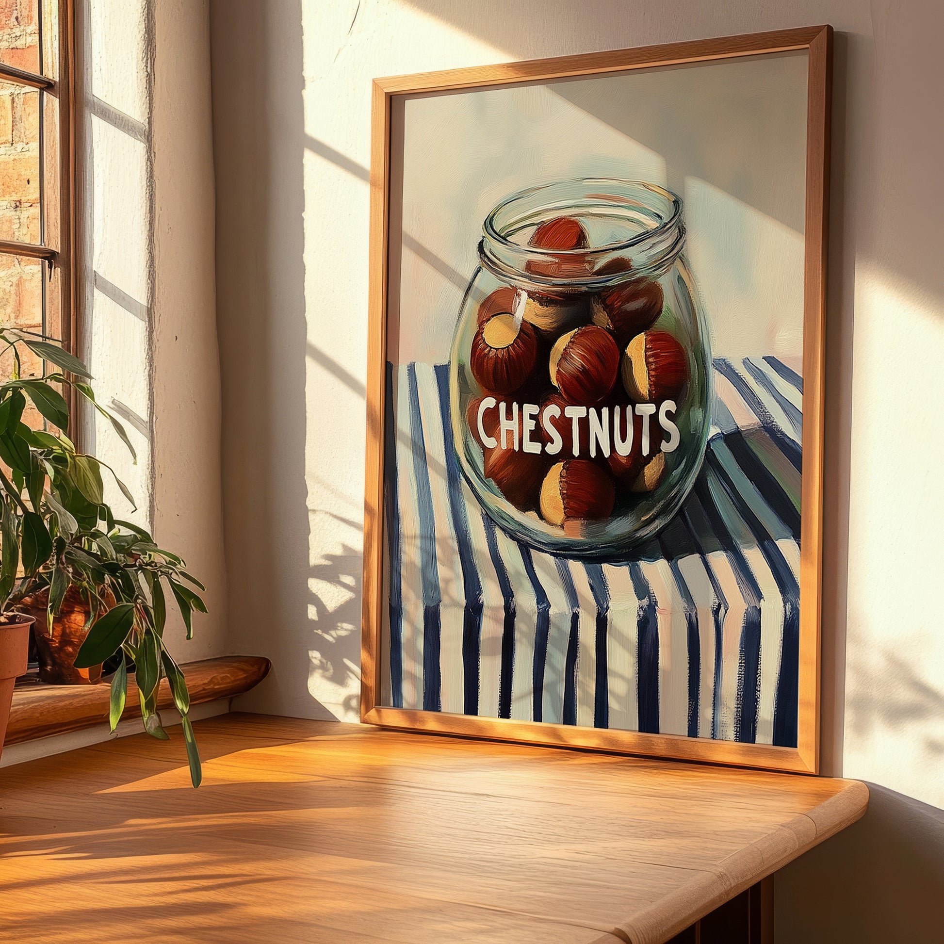 Chestnuts – on Striped Tablecloth, Nuts Print, clean layout with no caption