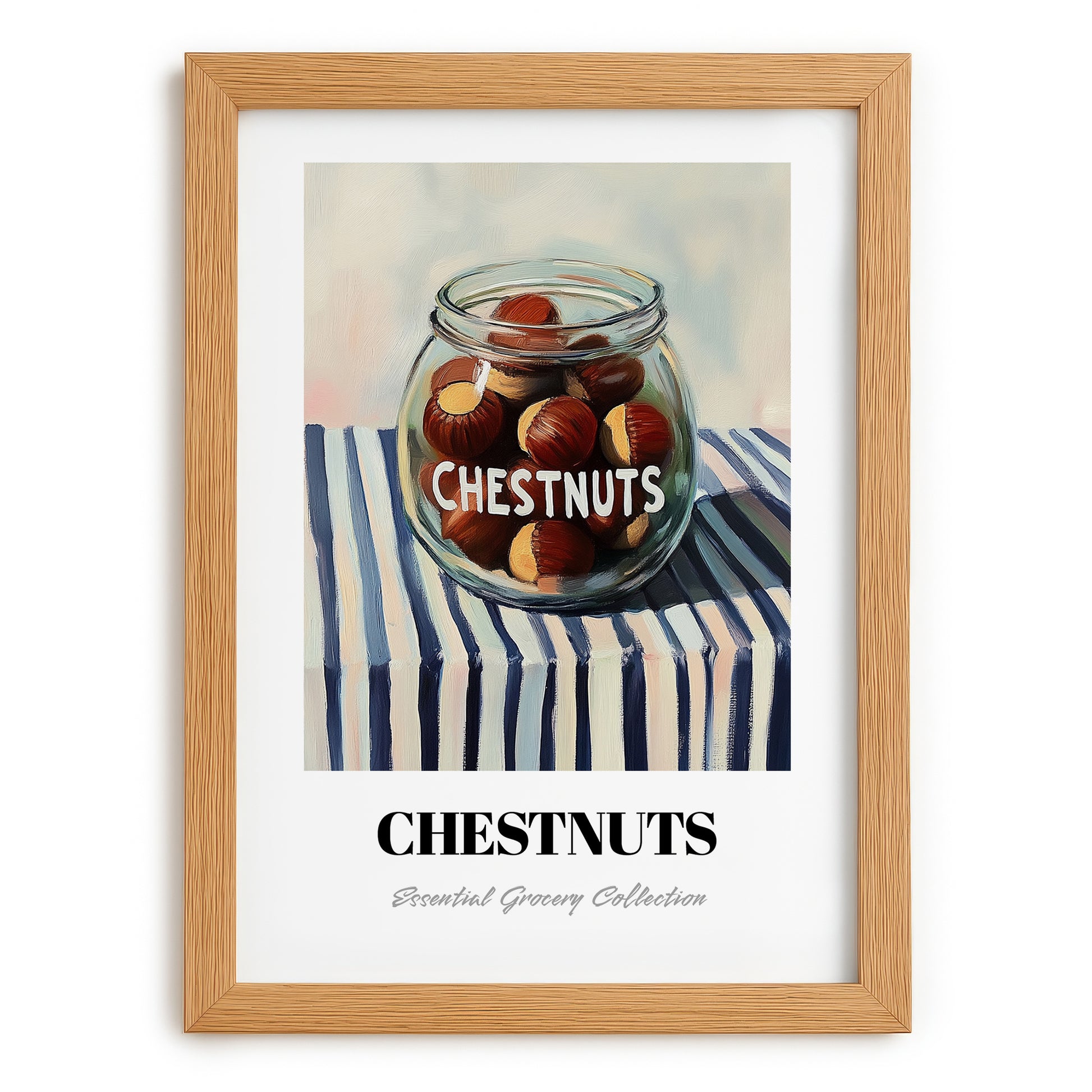 Chestnuts – on Striped Tablecloth, Nuts Print, set in oak frame