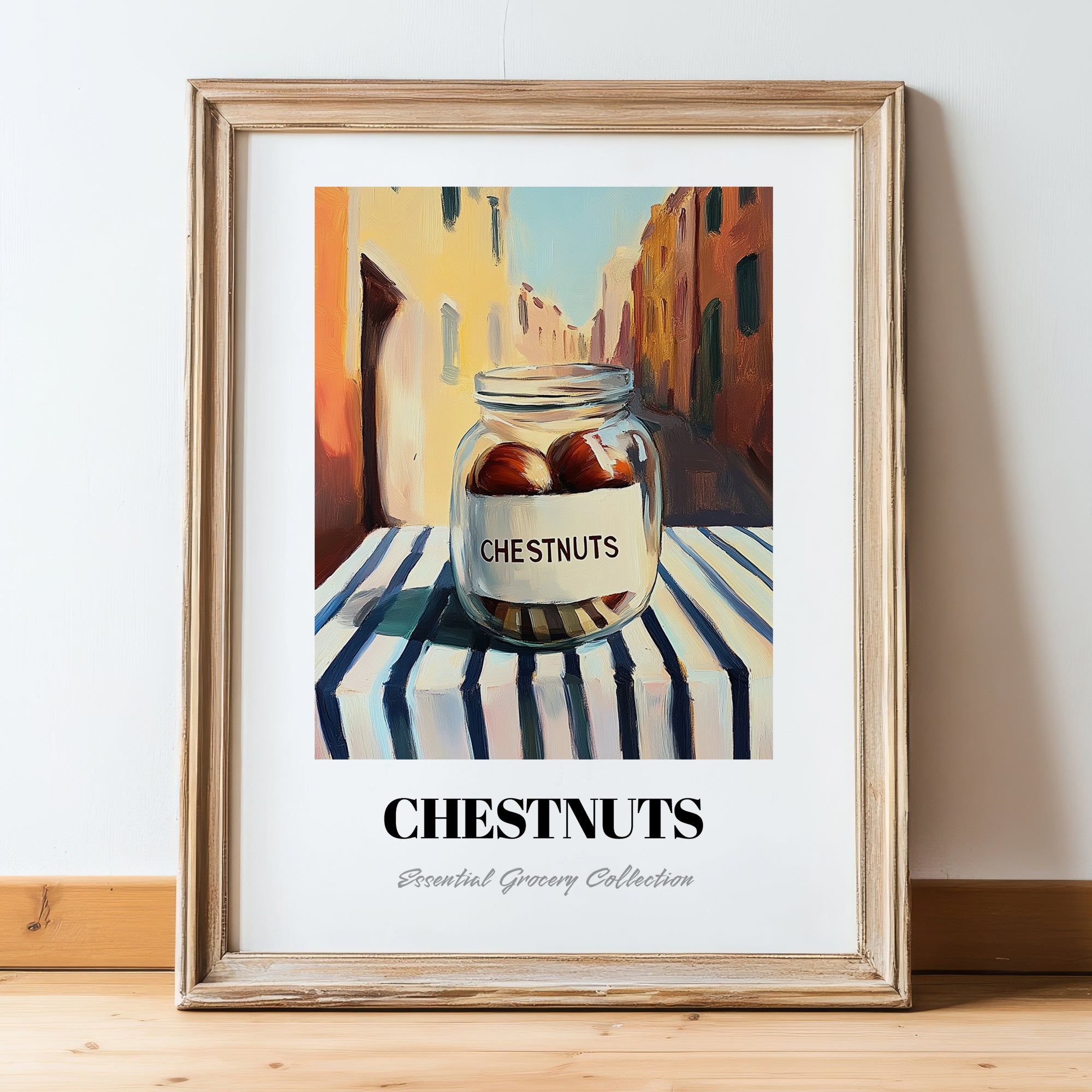 Chestnuts – Italian Outdoor Café Scene, Nuts Art, in wooden frame leaning on the floor