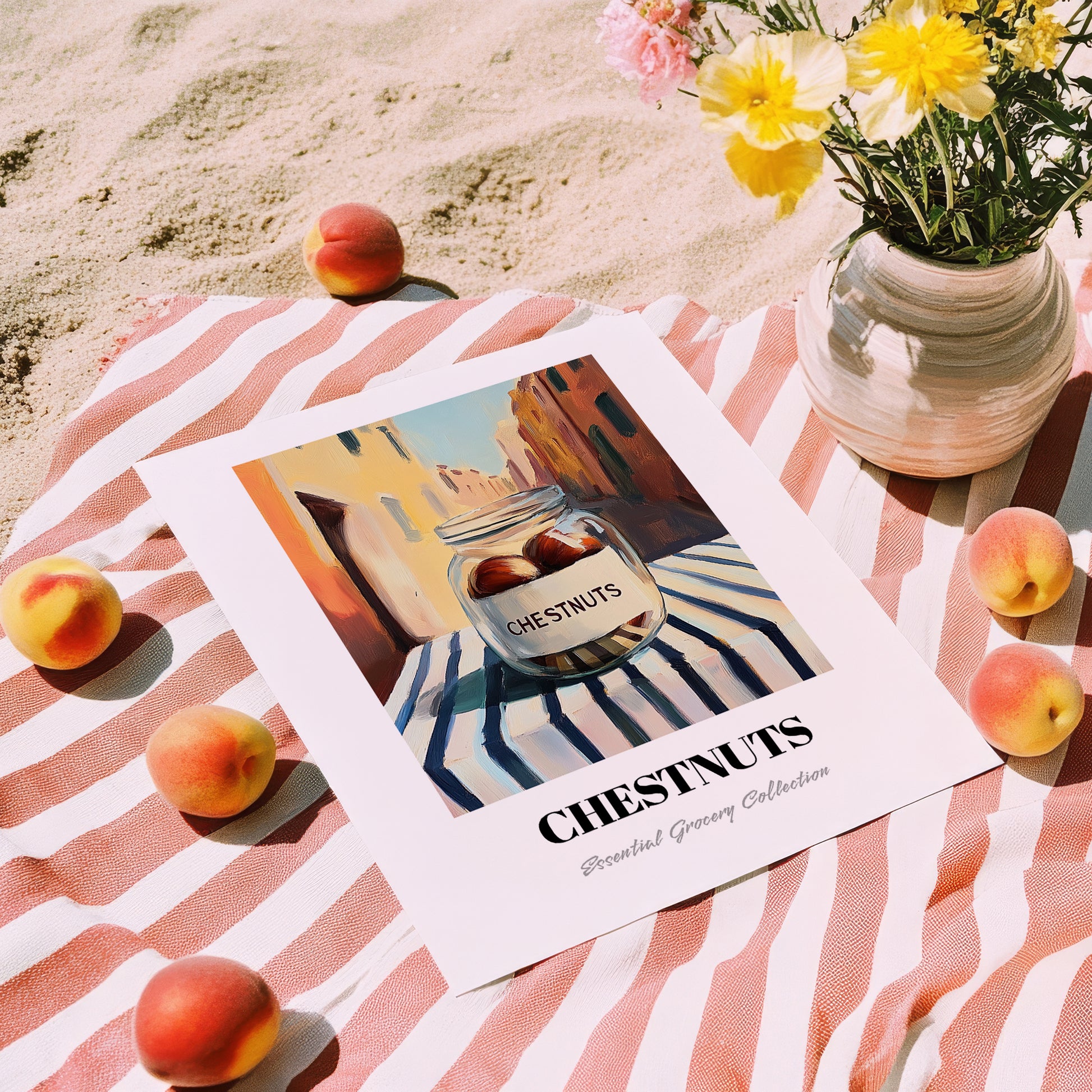 Chestnuts – Italian Outdoor Café Scene, Nuts Art, unframed on coastal sand