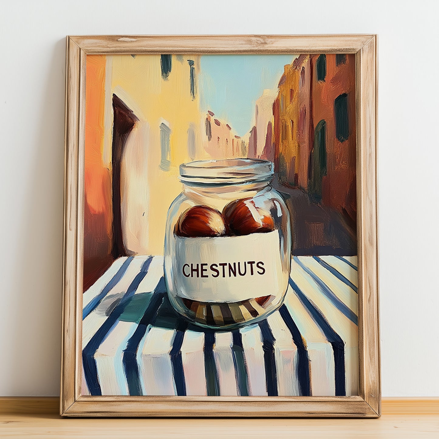 Chestnuts – Italian Outdoor Café Scene, Nuts Art, no-text version framed in wood