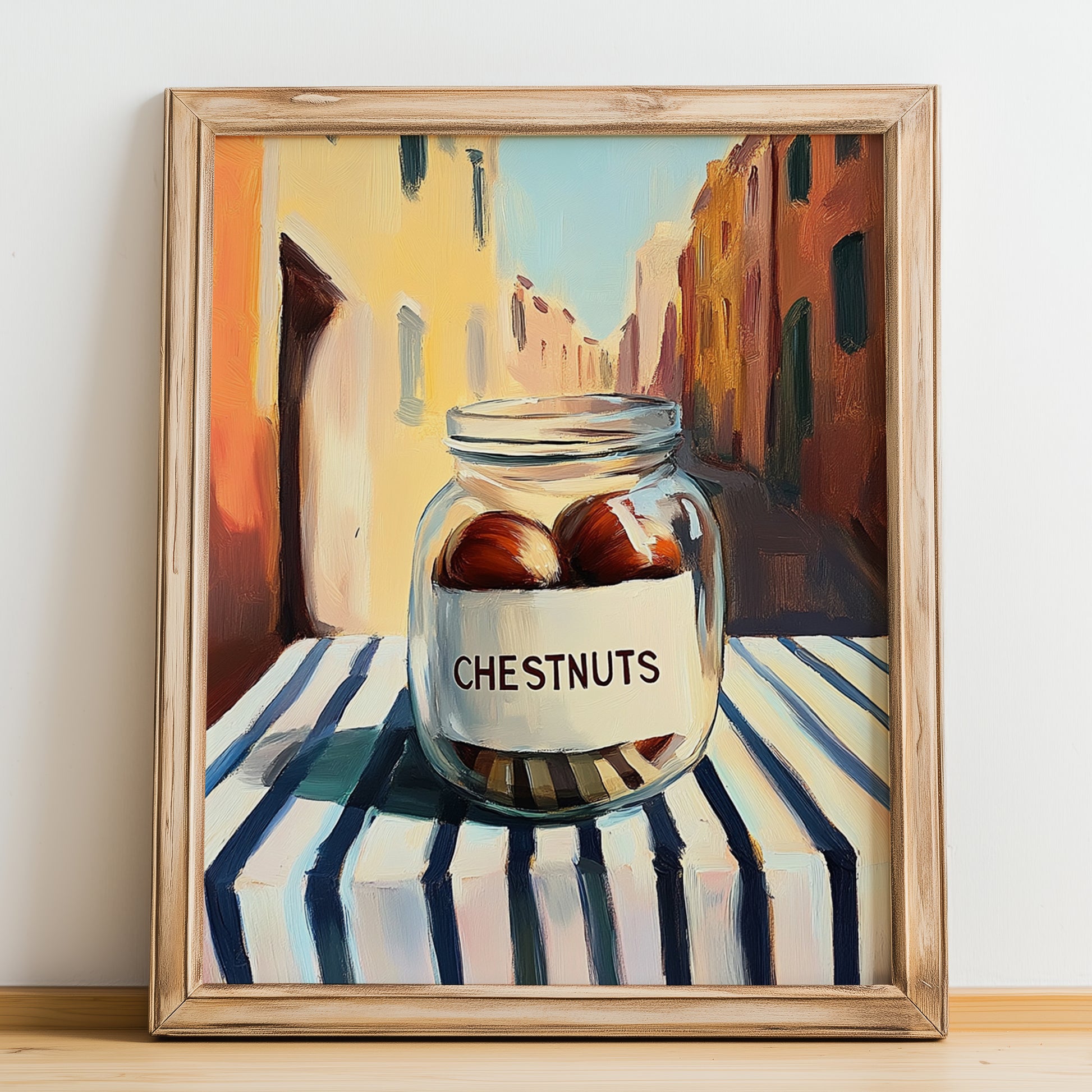 Chestnuts – Italian Outdoor Café Scene, Nuts Art, no-text version framed in wood