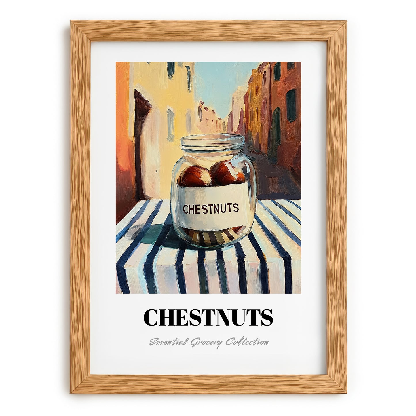 Chestnuts – Italian Outdoor Café Scene, Nuts Art, set in oak frame