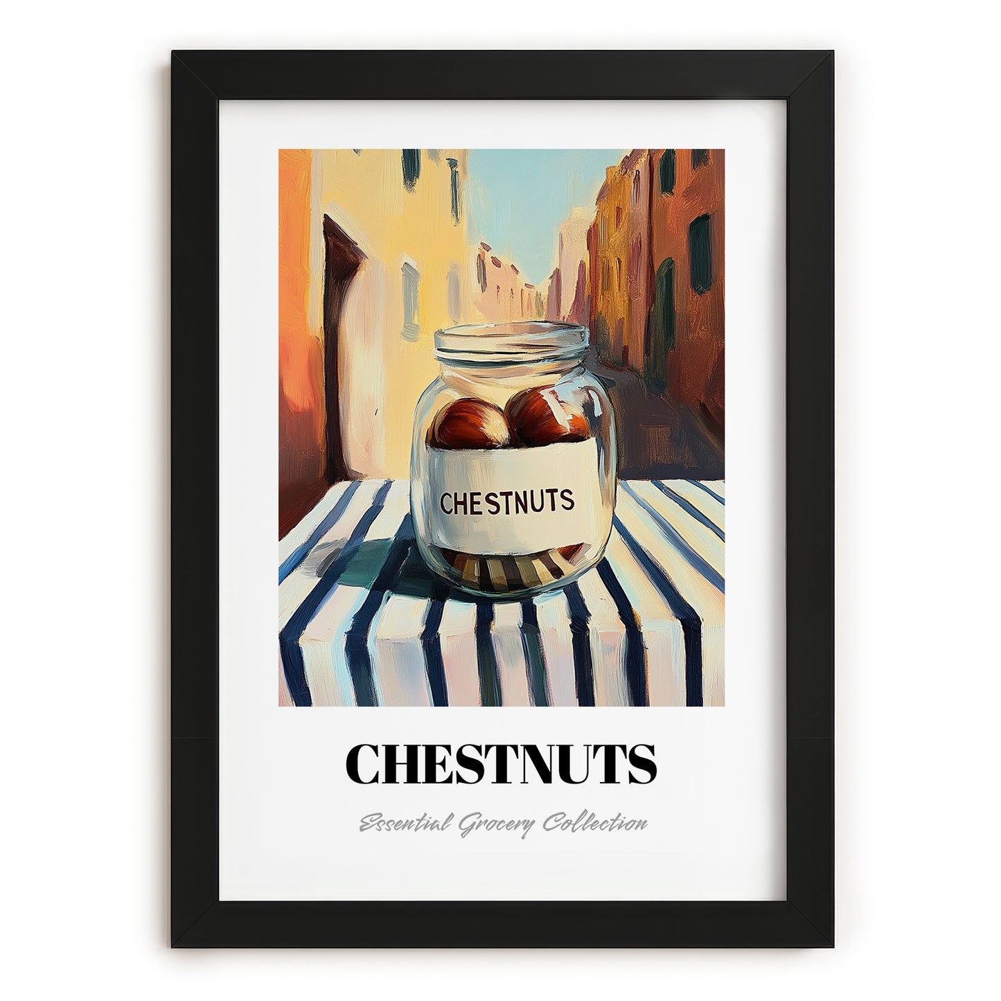 Chestnuts – Italian Outdoor Café Scene, Nuts Art, in sleek black frame