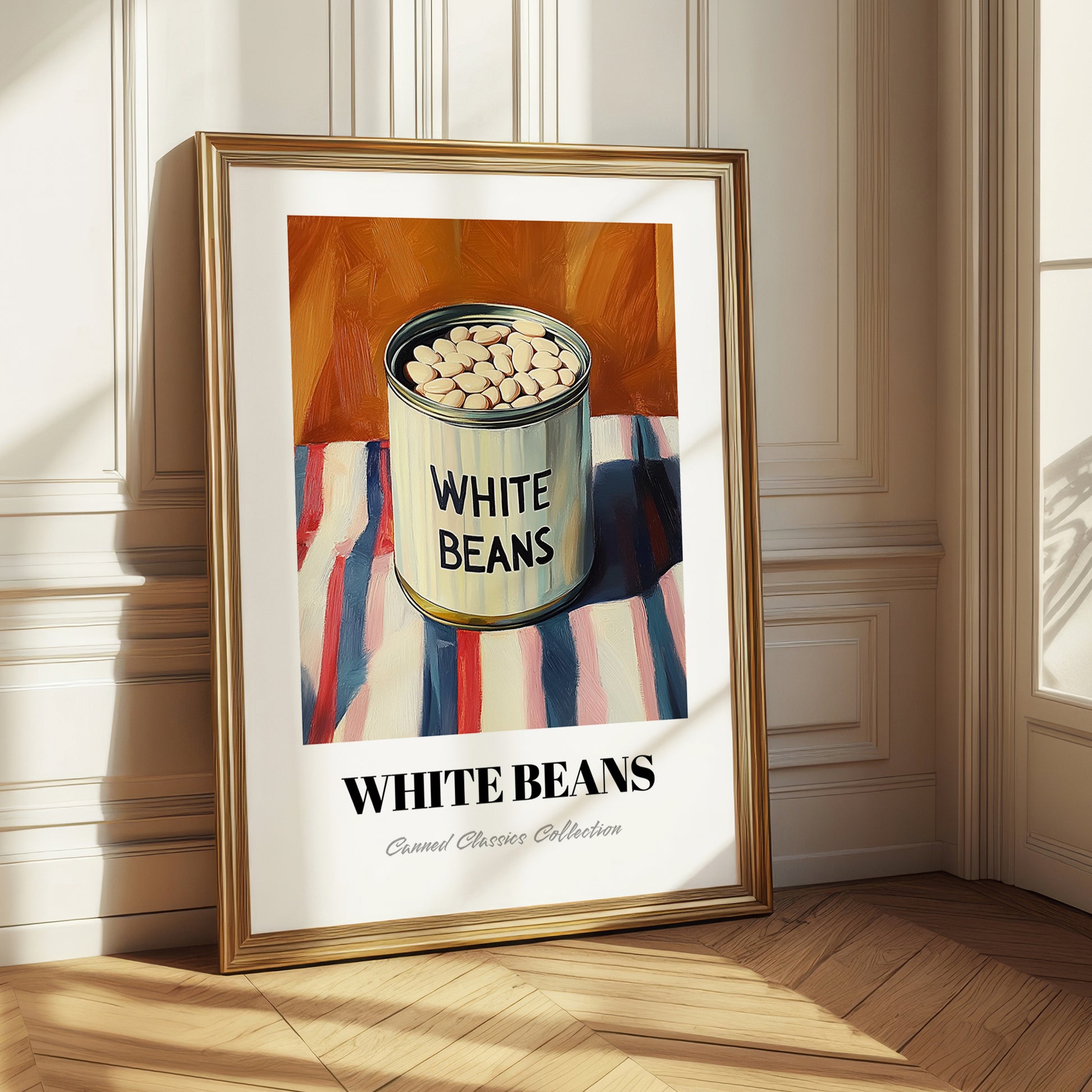White Beans – on Striped Tablecloth, Canned Vegetables Painting