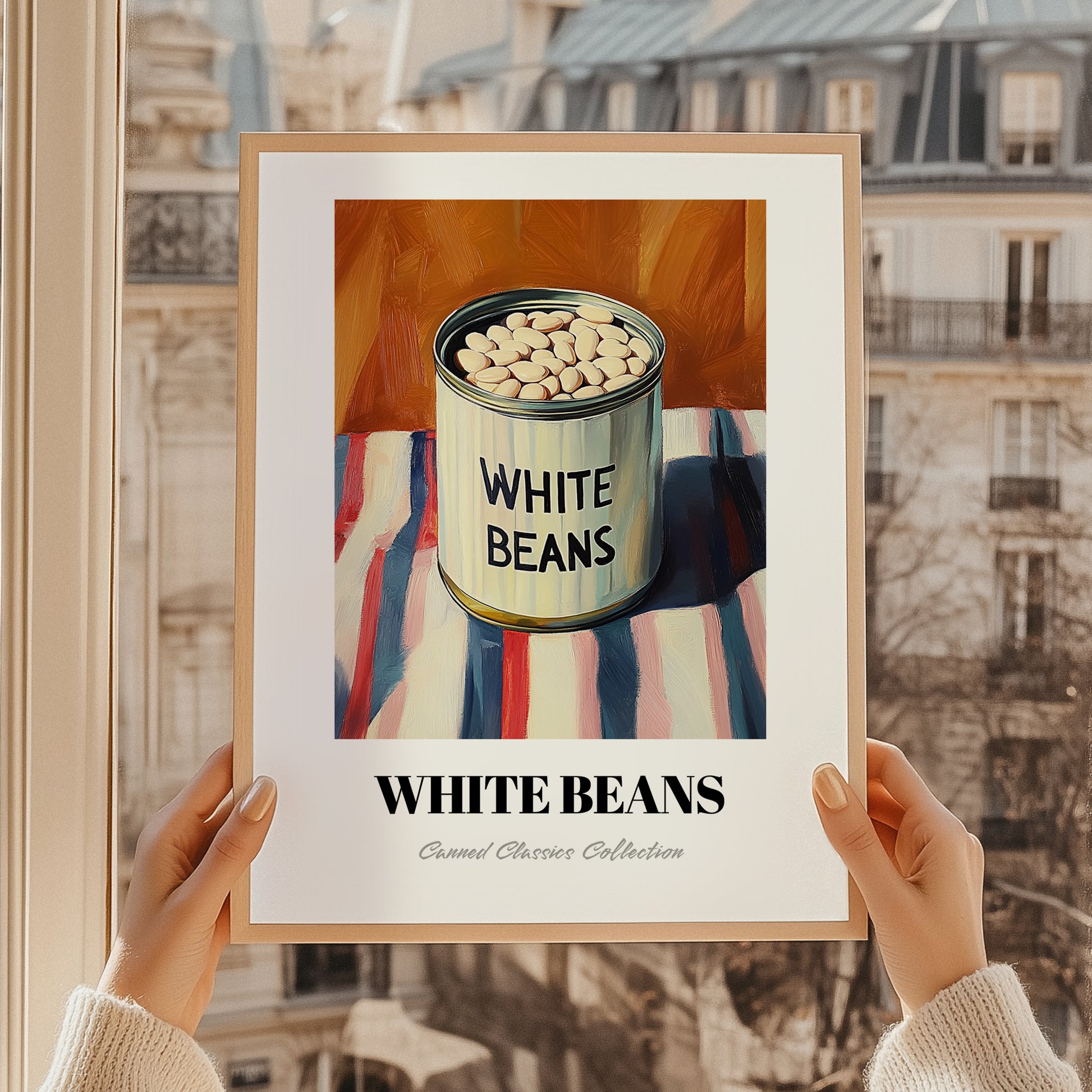 White Beans – on Striped Tablecloth, Canned Vegetables Painting, styled in a charming Paris street view