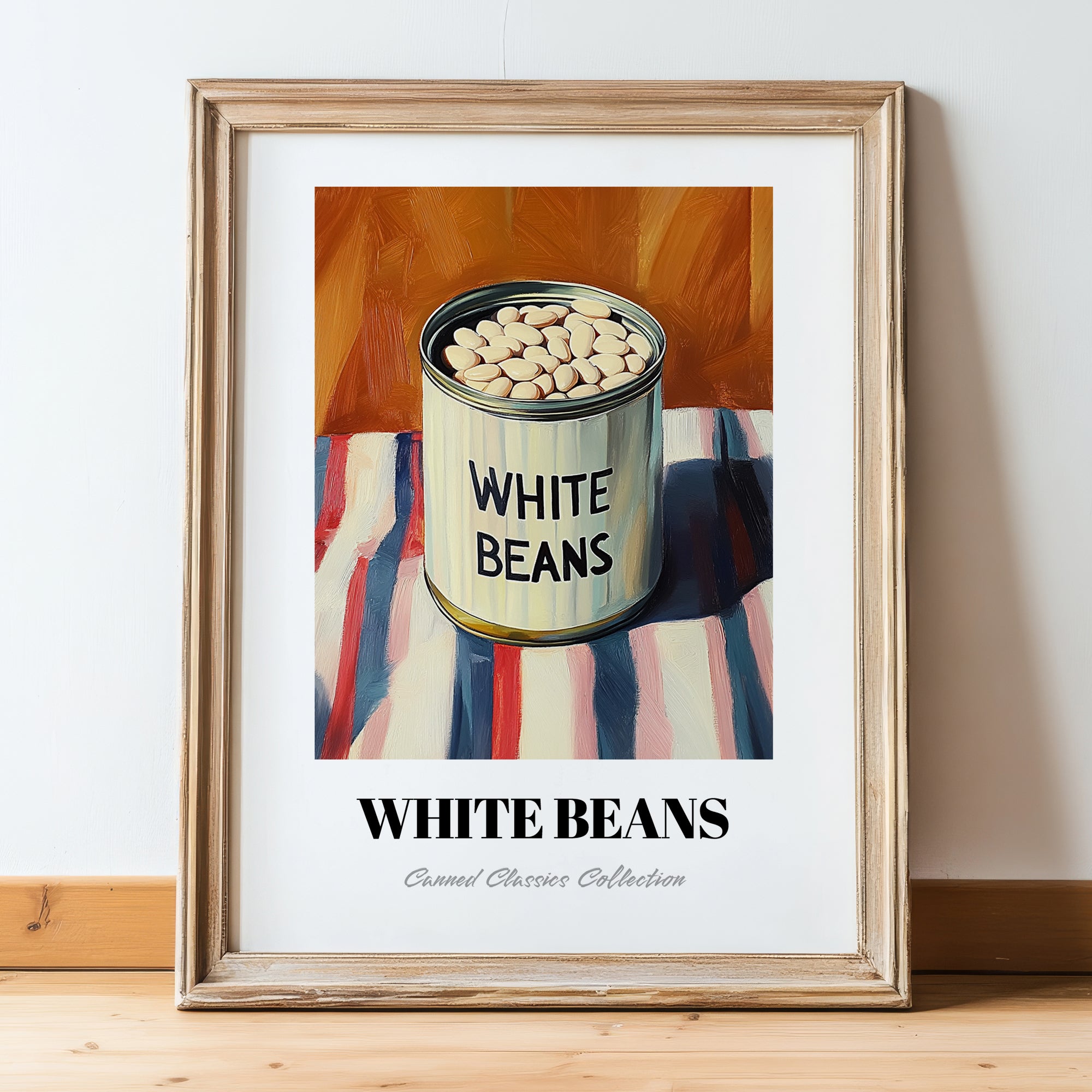 White Beans – on Striped Tablecloth, Canned Vegetables Painting, in wooden frame leaning on the floor