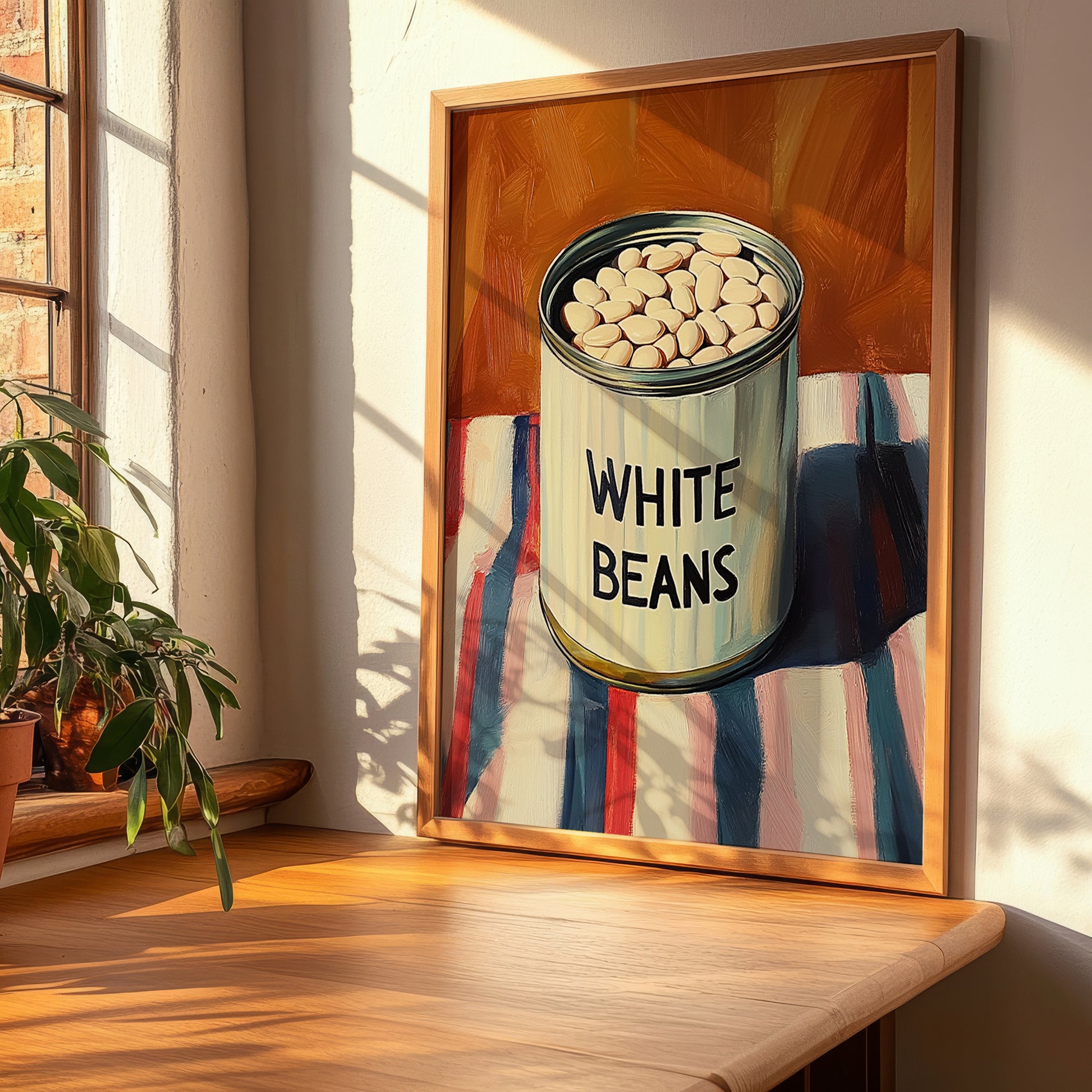 White Beans – on Striped Tablecloth, Canned Vegetables Painting, clean layout with no caption
